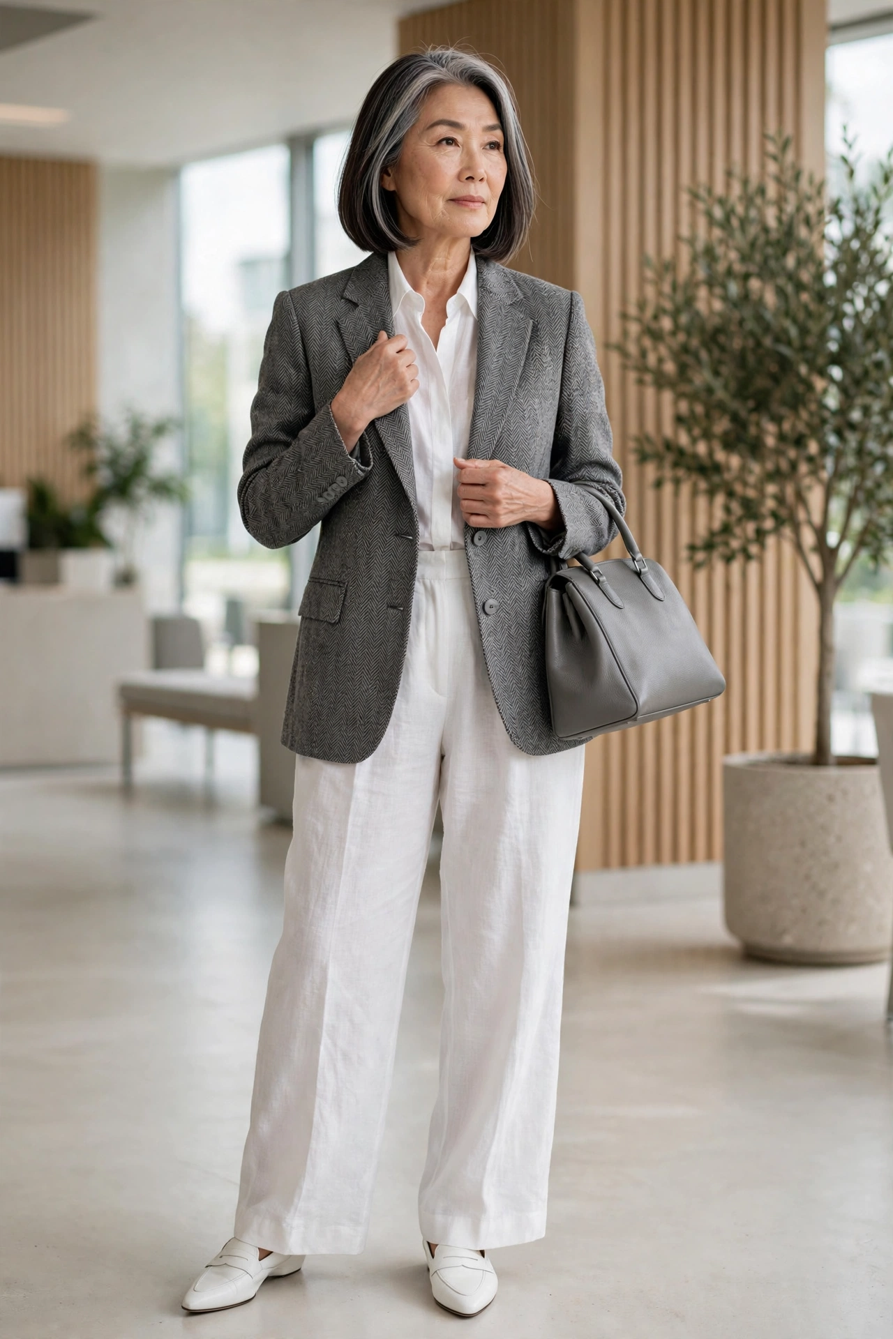 Professional outfit for women over 50 — grey herringbone blazer with white linen wide-leg trousers.