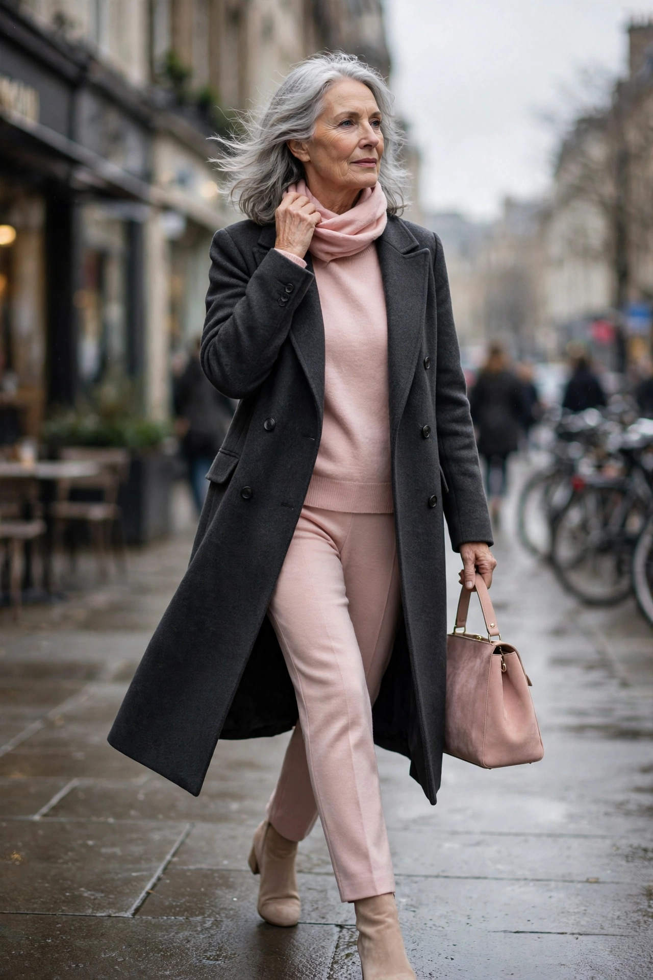 Woman over 50 in charcoal wool coat over blush pink matching knit set with nude ankle boots.