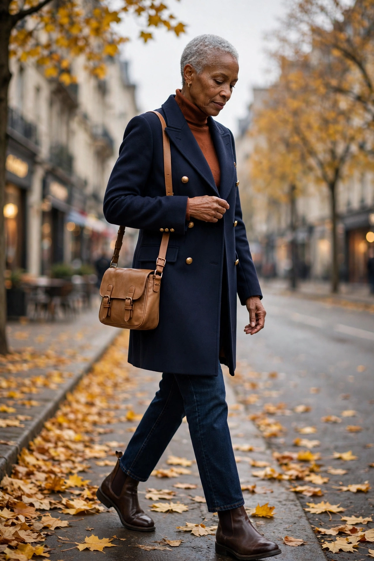 Classic autumn outfit — woman over 50 in navy pea coat with rust knit, dark jeans, and brown Chelsea boots.