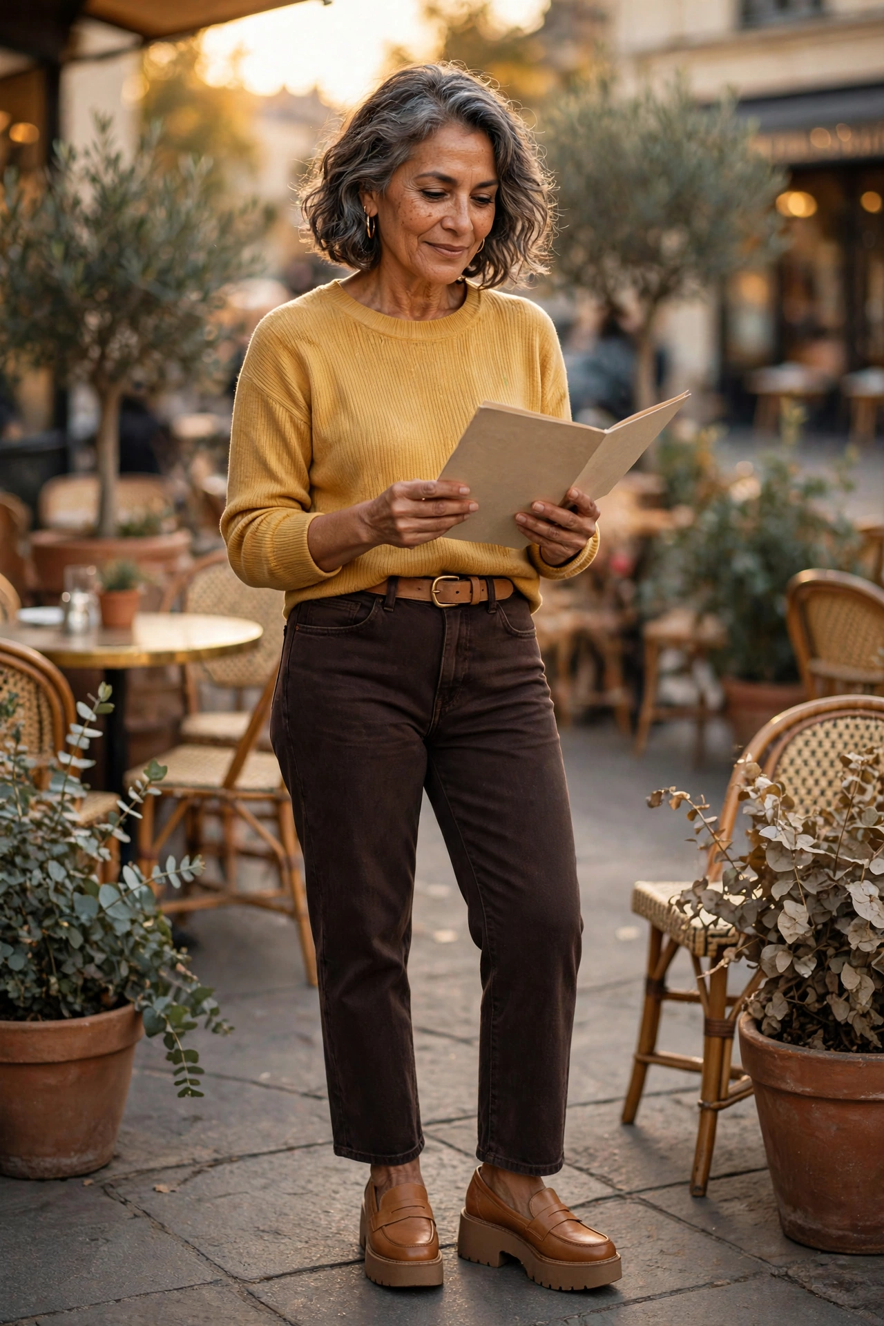Casual outfit for women over 50 — mustard yellow knit sweater with dark brown straight jeans and tan loafers.