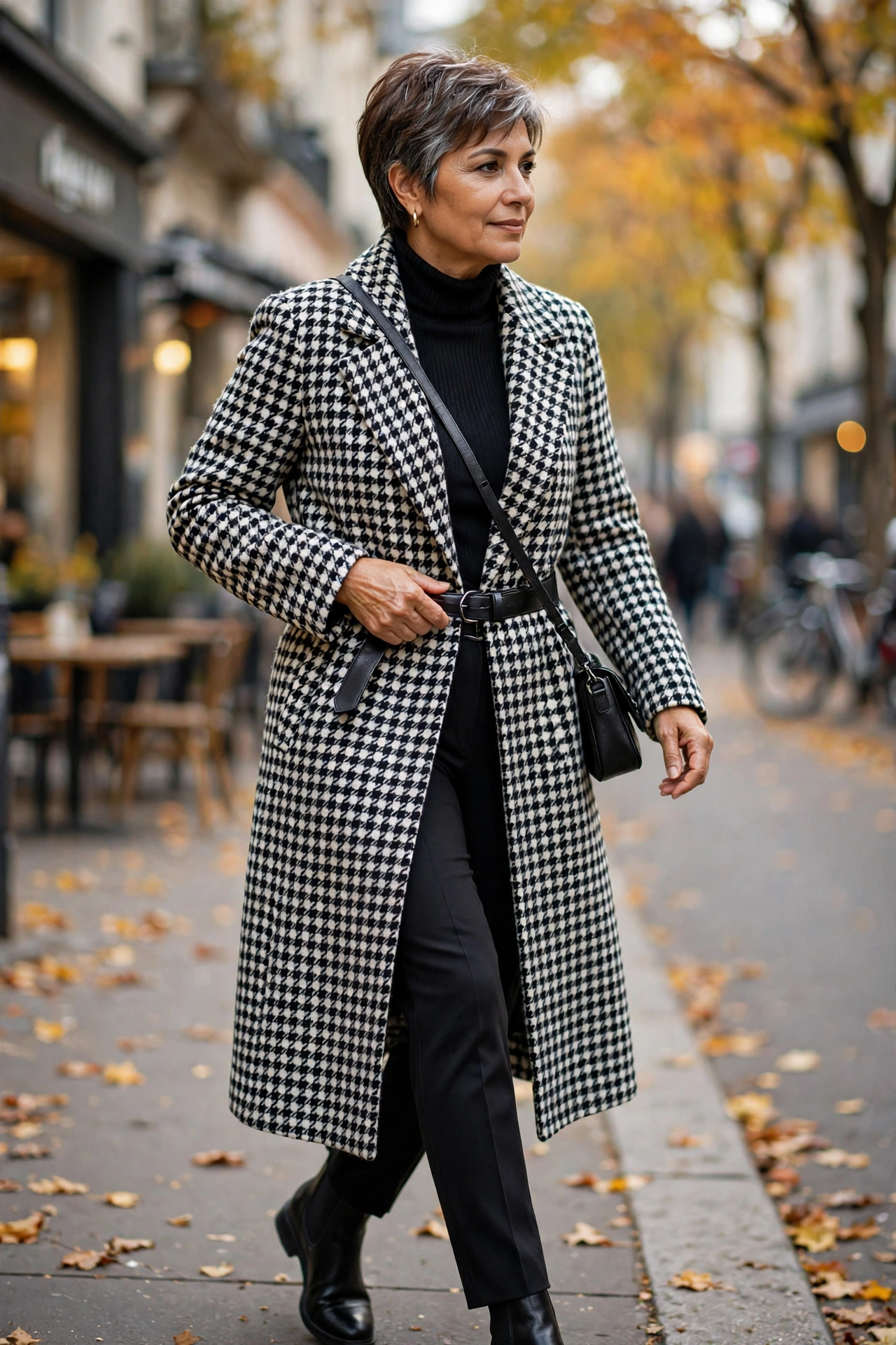 Chic autumn outfit for women over 50 — houndstooth longline coat over all-black with Chelsea boots.