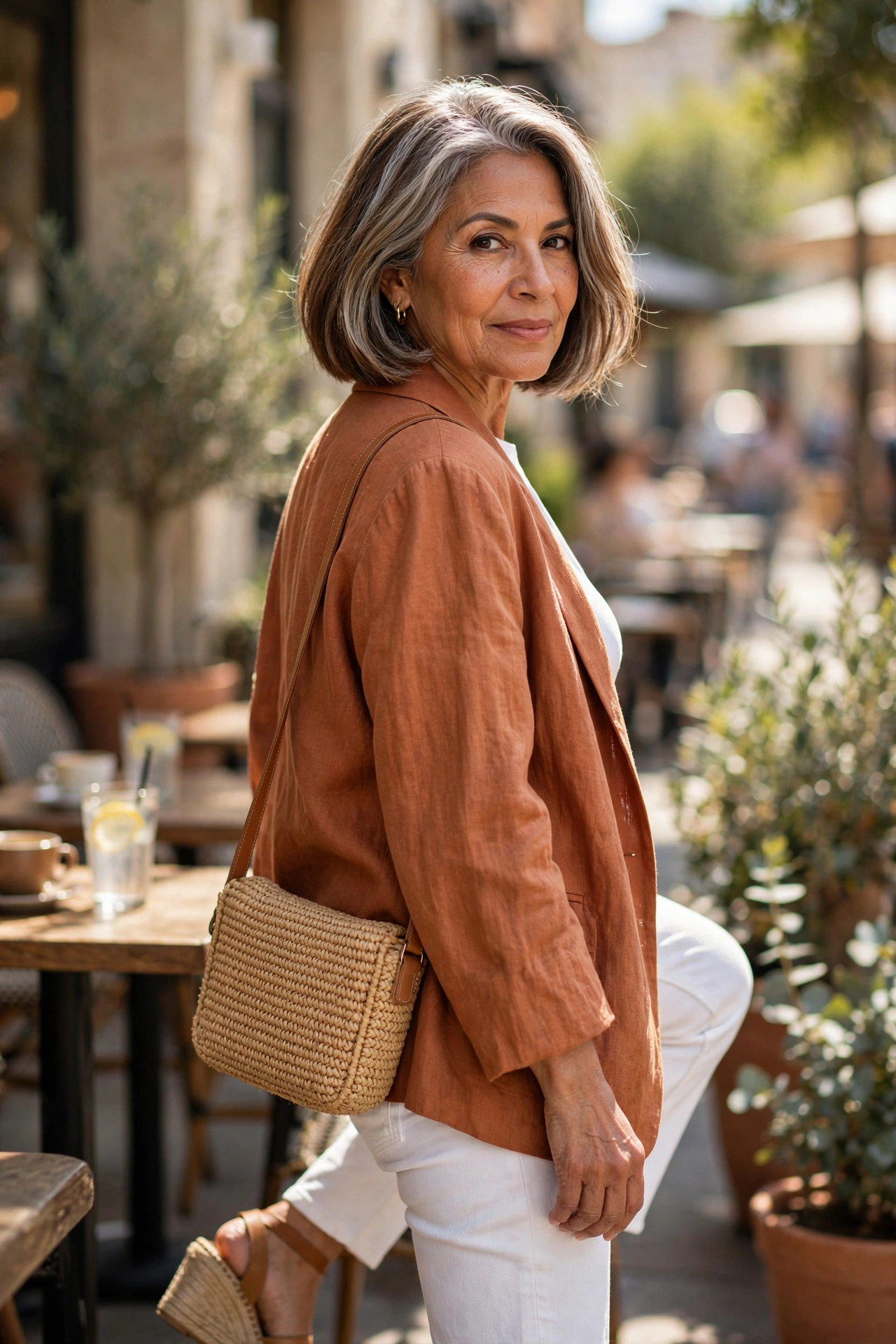 Relaxed stylish look — woman over 50 in terracotta blazer with white jeans and espadrille wedges.