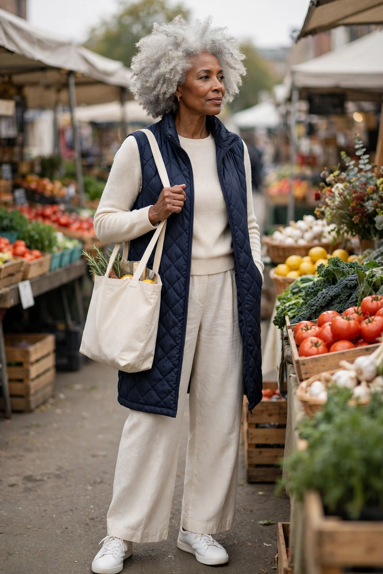 Woman over 50 in navy puffer vest over cream wide-leg trousers and white trainers for the weekend.