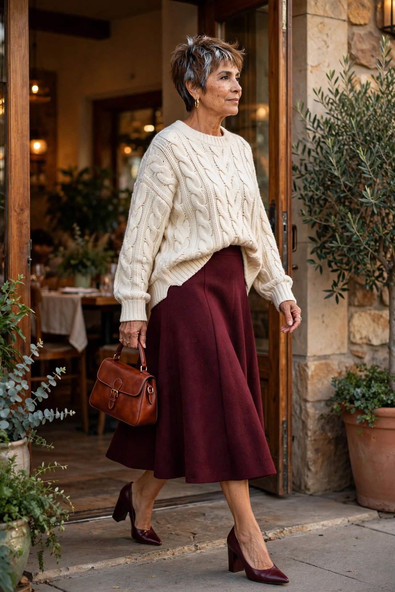Elegant casual outfit — woman over 50 in cream cable-knit with burgundy A-line midi skirt and block heels.