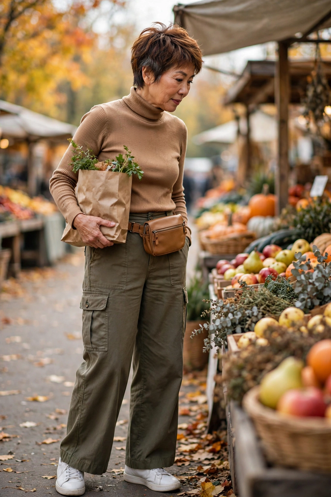 Casual weekend outfit for women over 50 — camel turtleneck with olive cargo wide-leg trousers and white trainers.