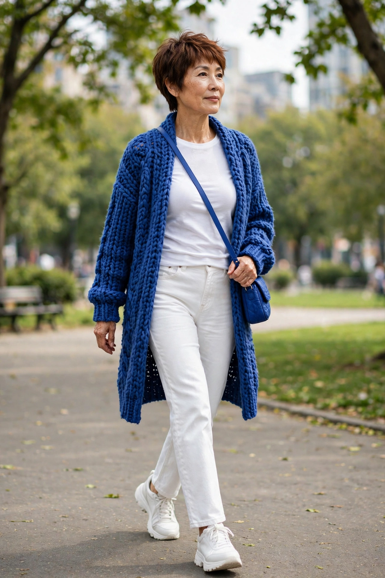 Bold casual outfit for women over 50 — cobalt blue longline cardigan with white jeans and white trainers.