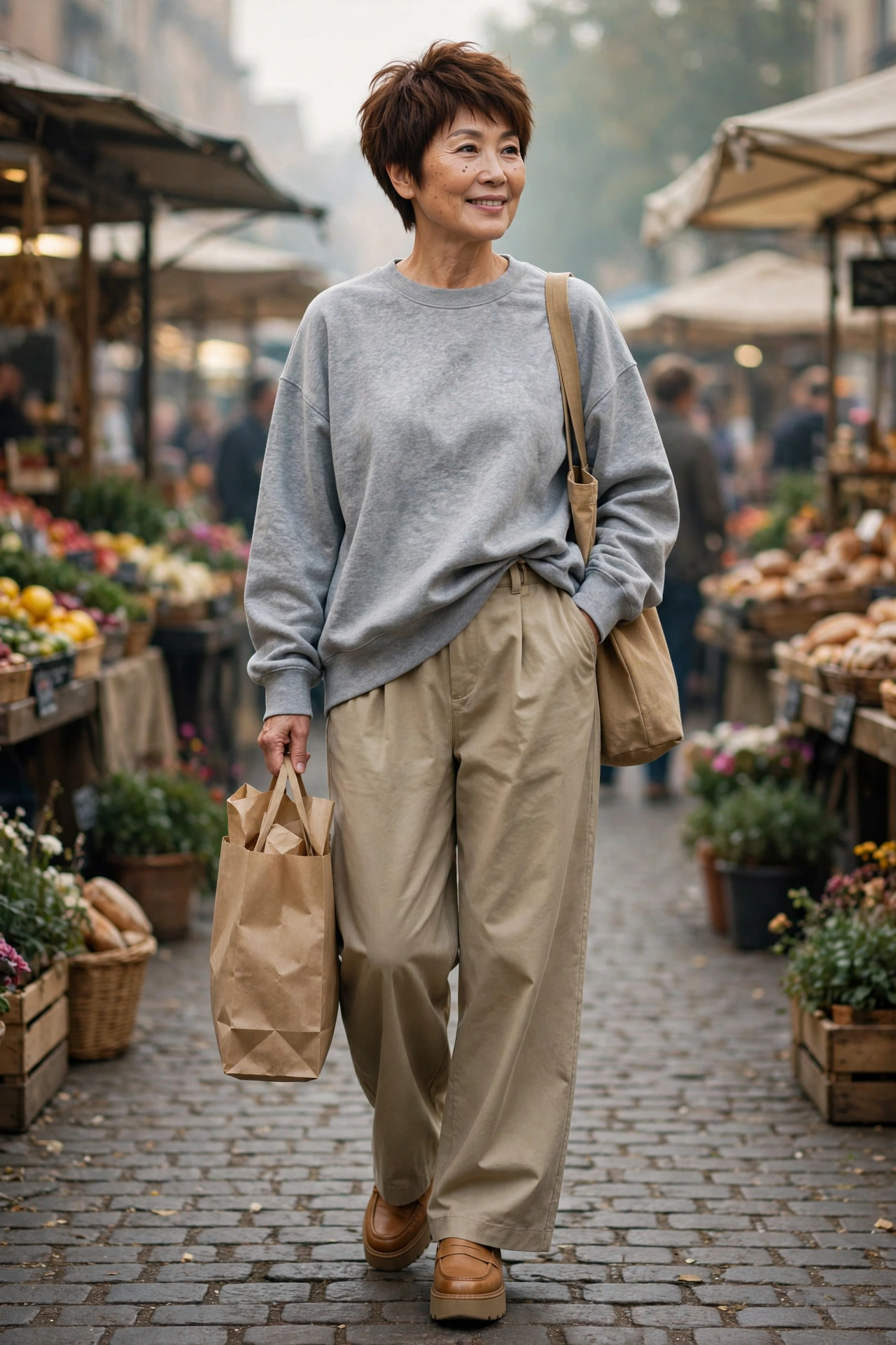 Casual weekend outfit for women over 50 — grey sweatshirt with khaki wide-leg trousers and tan loafers.