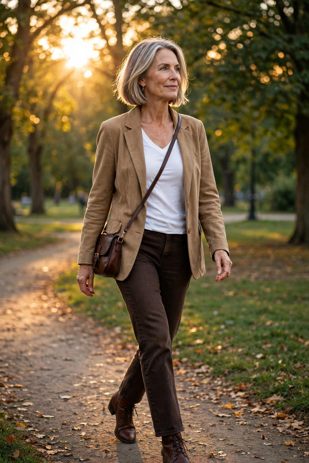 Warm-toned casual outfit — woman over 50 in tan suede blazer with dark chocolate jeans and brown boots.