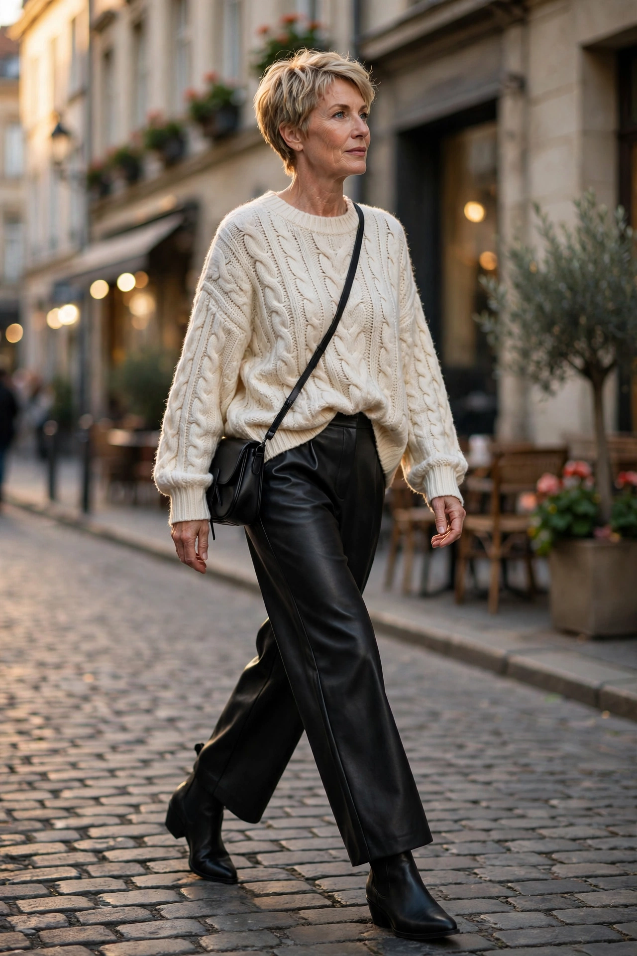 Woman over 50 in ivory chunky knit and black leather wide-leg trousers with Chelsea boots.