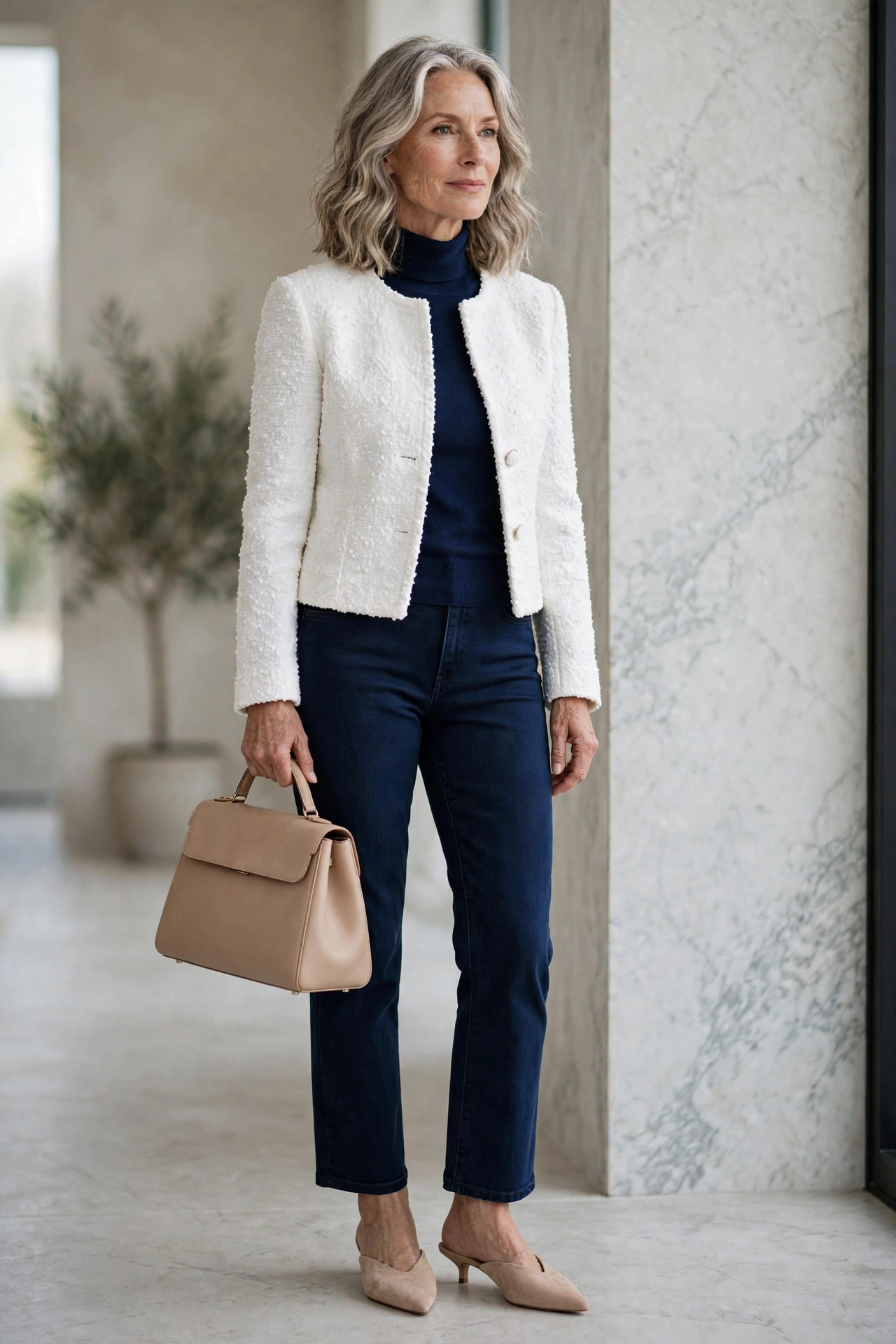 Polished outfit for women over 50 — white bouclé jacket over navy knit and navy jeans with kitten mules.