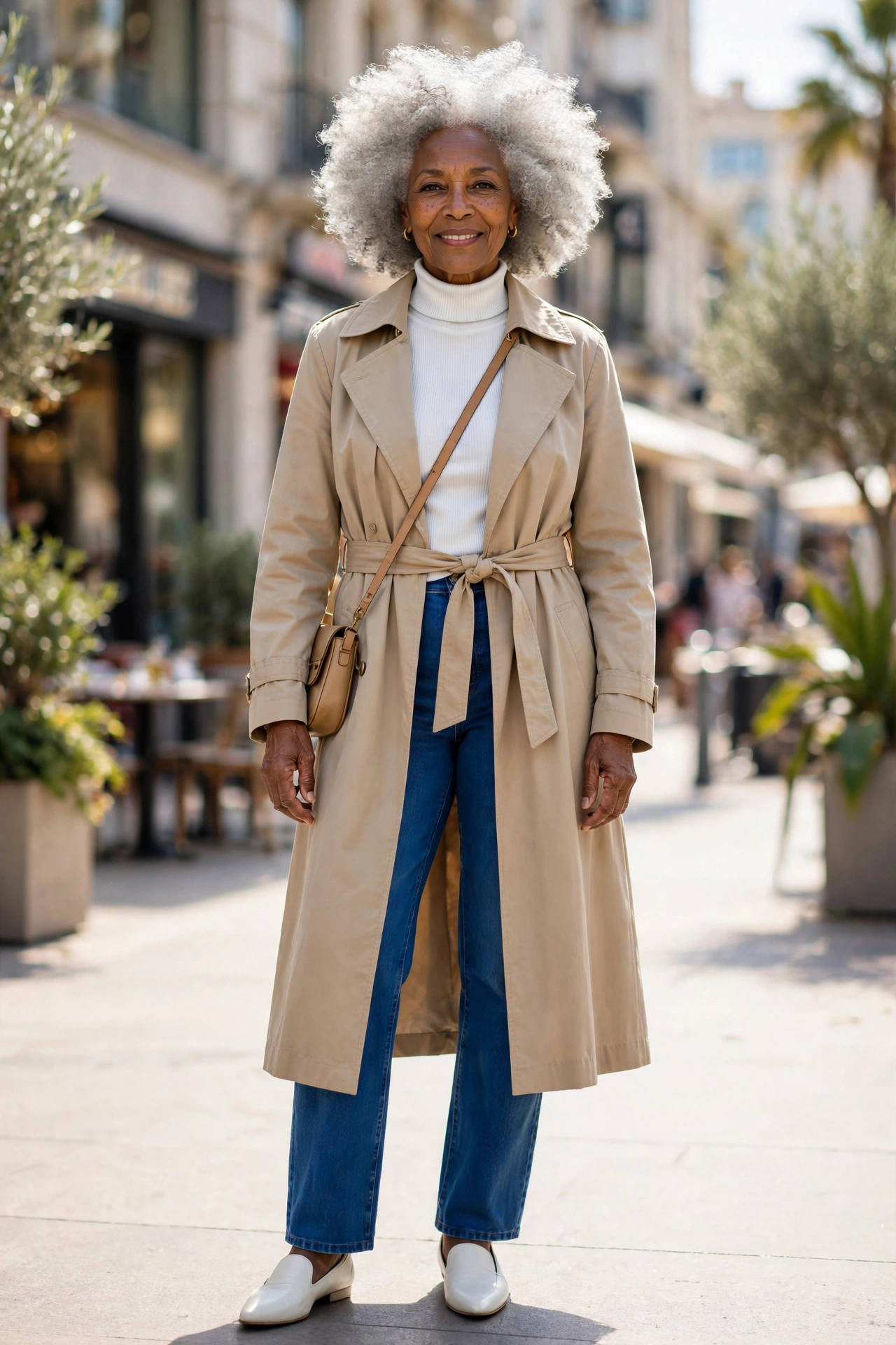 Bold chic outfit — woman over 50 in stone trench coat with cobalt blue straight jeans and white loafers.