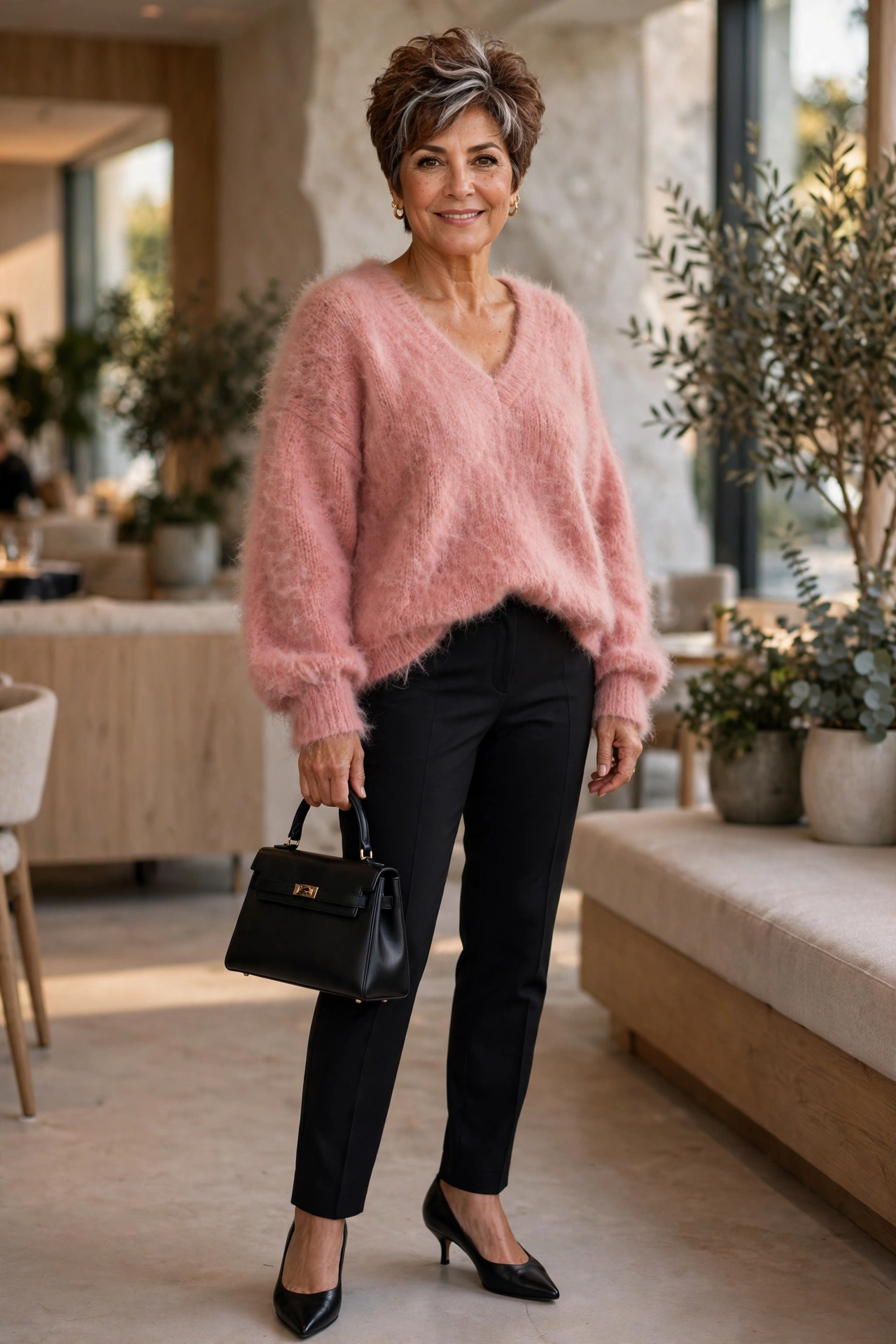 Chic dressy outfit for women over 50 — warm pink mohair knit with black slim trousers and kitten heels.