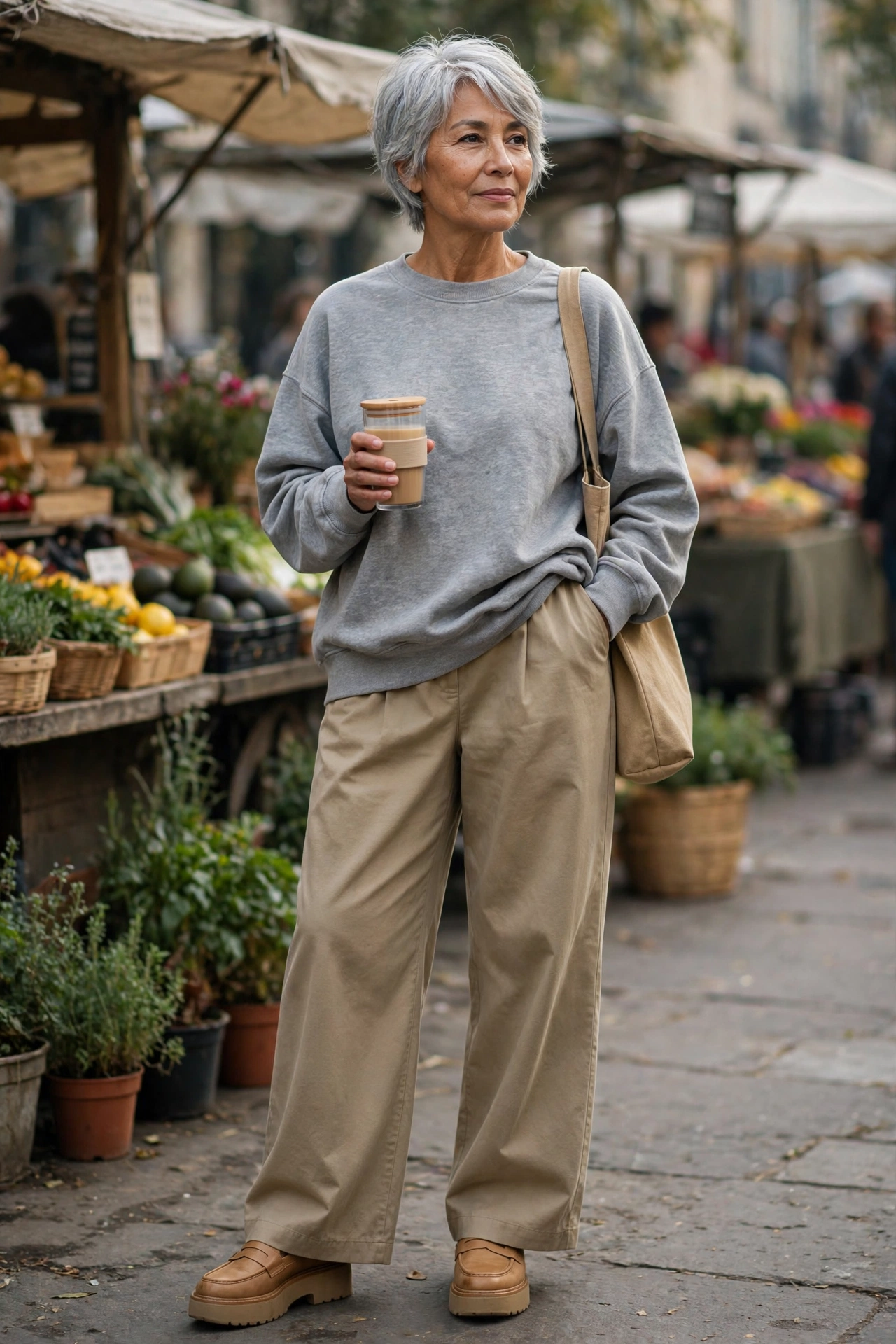 Casual weekend outfit for women over 50 — grey sweatshirt with khaki wide-leg trousers and tan loafers.