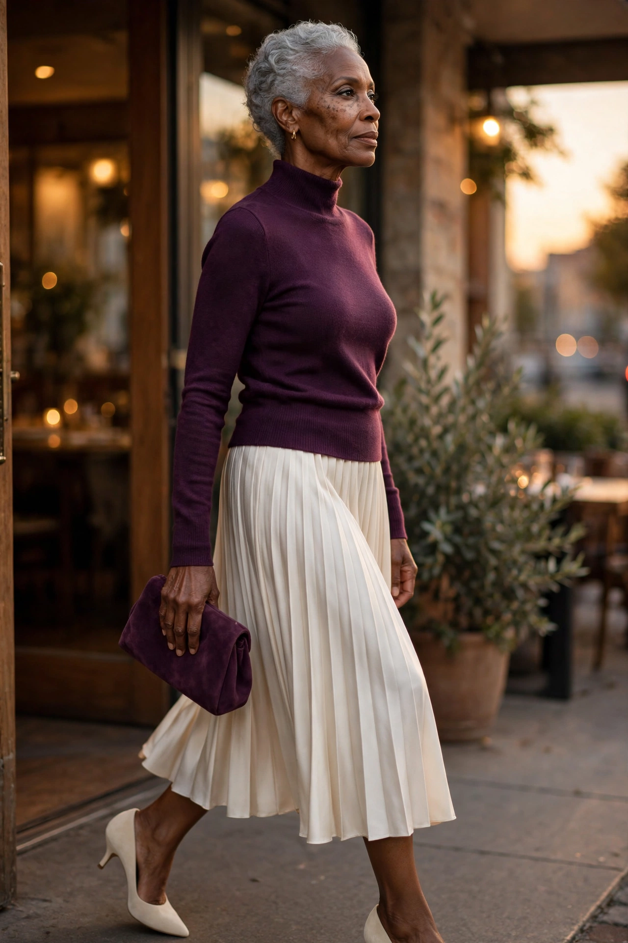 Elegant evening outfit for women over 50 — plum knit sweater and cream pleated midi skirt with kitten heels.