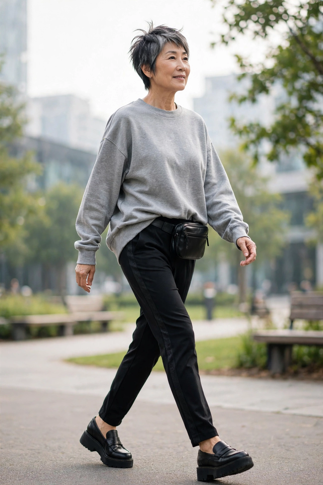Casual-sporty outfit for women over 50 — grey sweatshirt with black slim track pants and leather loafers.