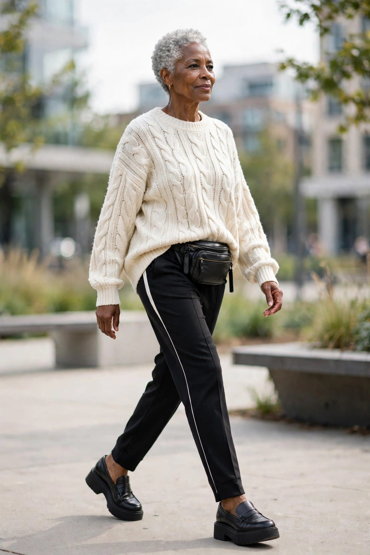 Casual-sporty outfit for women over 50 — cream oversized knit with black track pants and leather loafers.