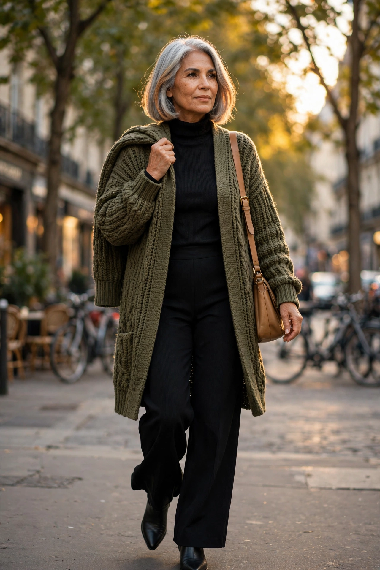 Woman over 50 in longline olive cardigan over all-black outfit with tan shoulder bag — autumn layers.