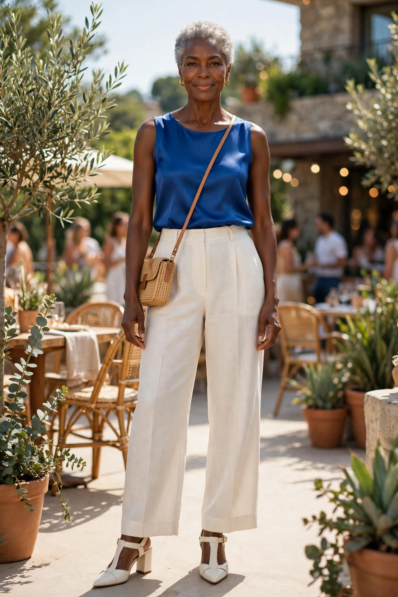 Elegant summer outfit for women over 50 — cobalt silk shell top with ivory wide-leg linen trousers.