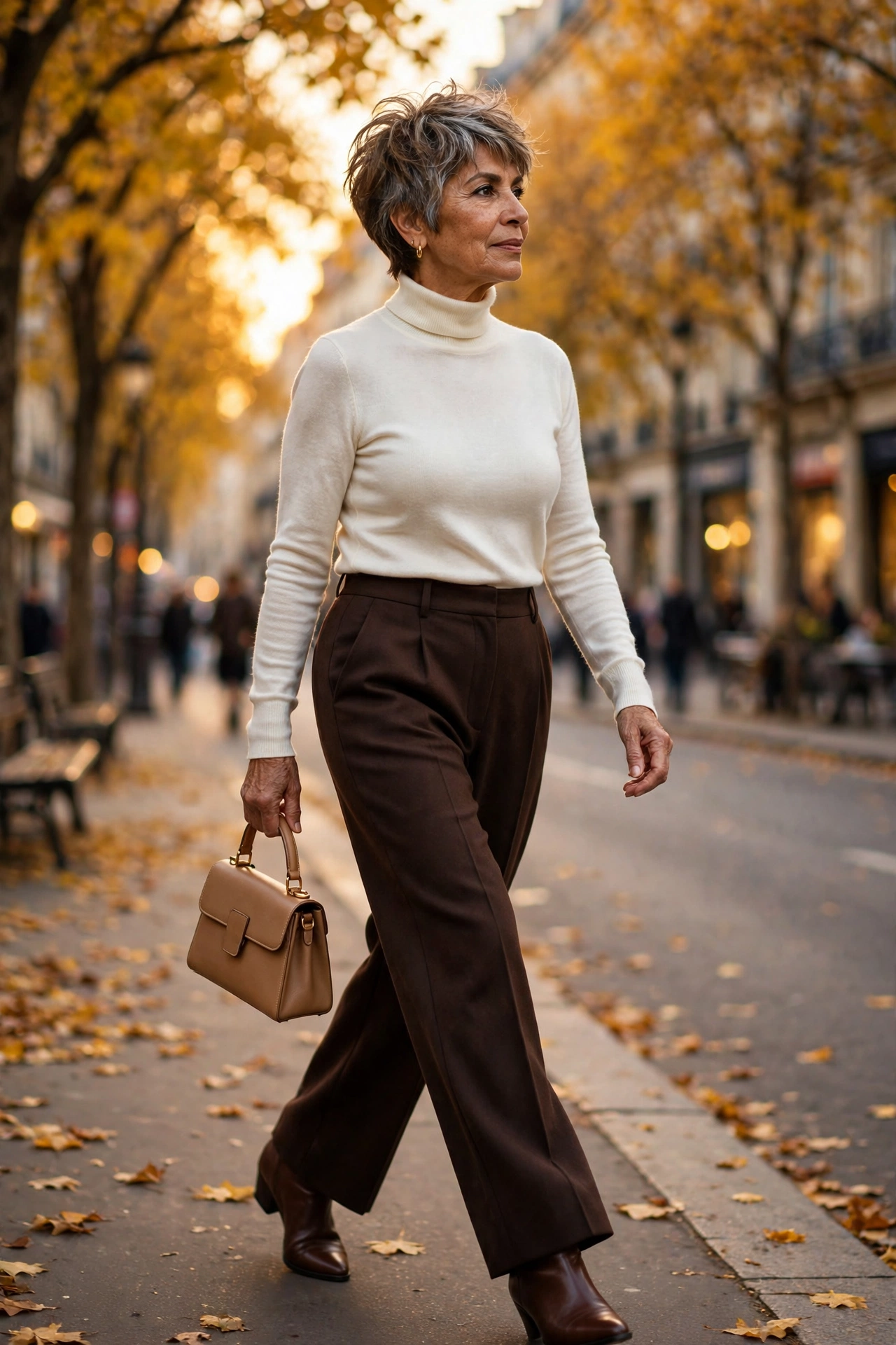 Polished autumn outfit for women over 50 — ivory cashmere turtleneck with dark chocolate wide-leg trousers.