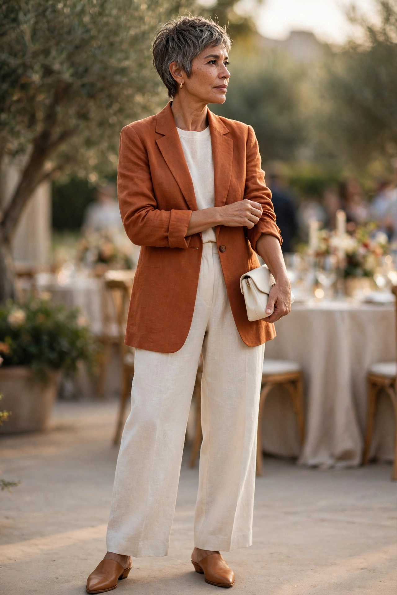 Elegant occasion outfit for women over 50 — rust longline blazer over cream wide-leg trousers and camel mules.