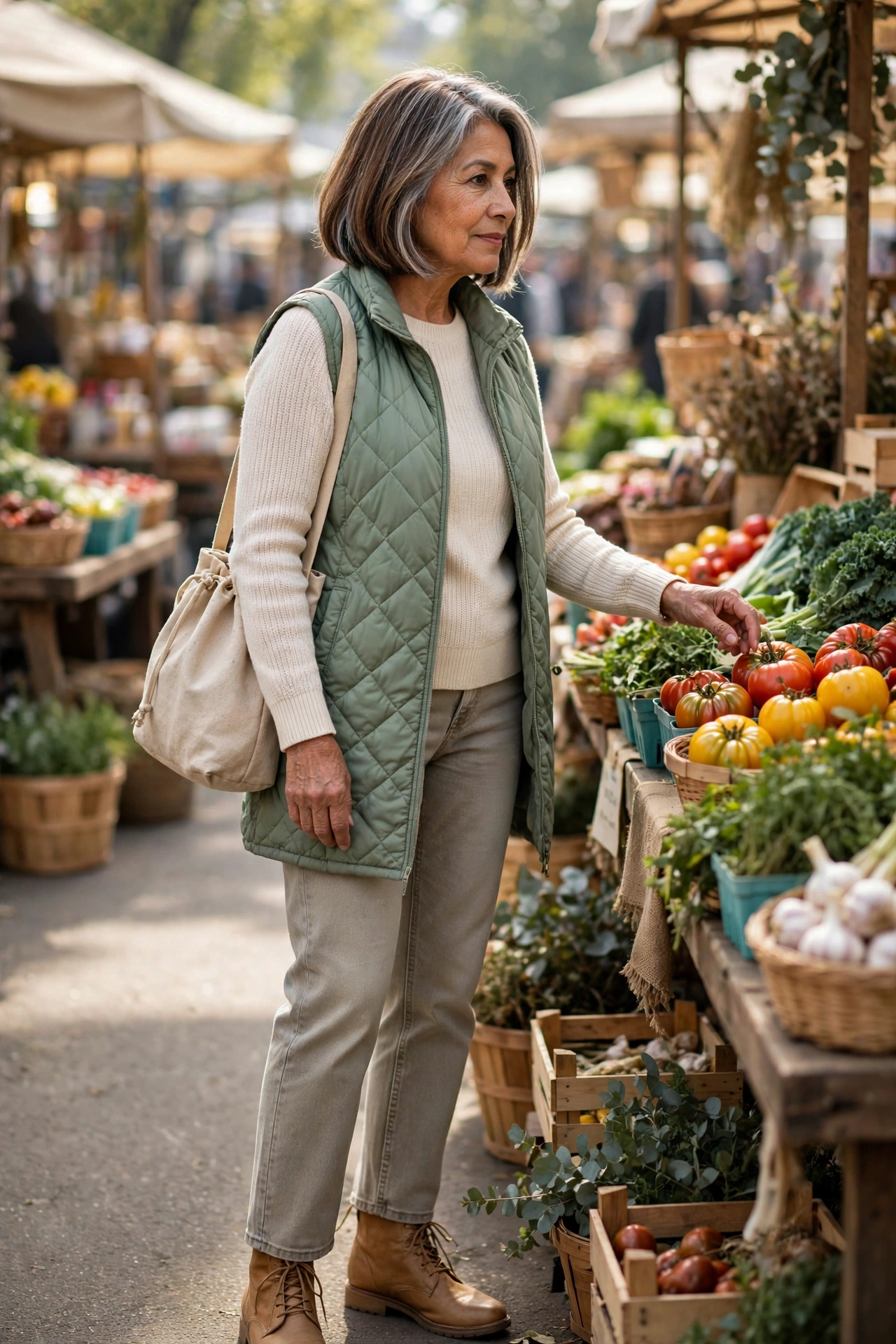 Casual weekend outfit for women over 50 — sage green puffer vest with stone jeans and tan ankle boots.