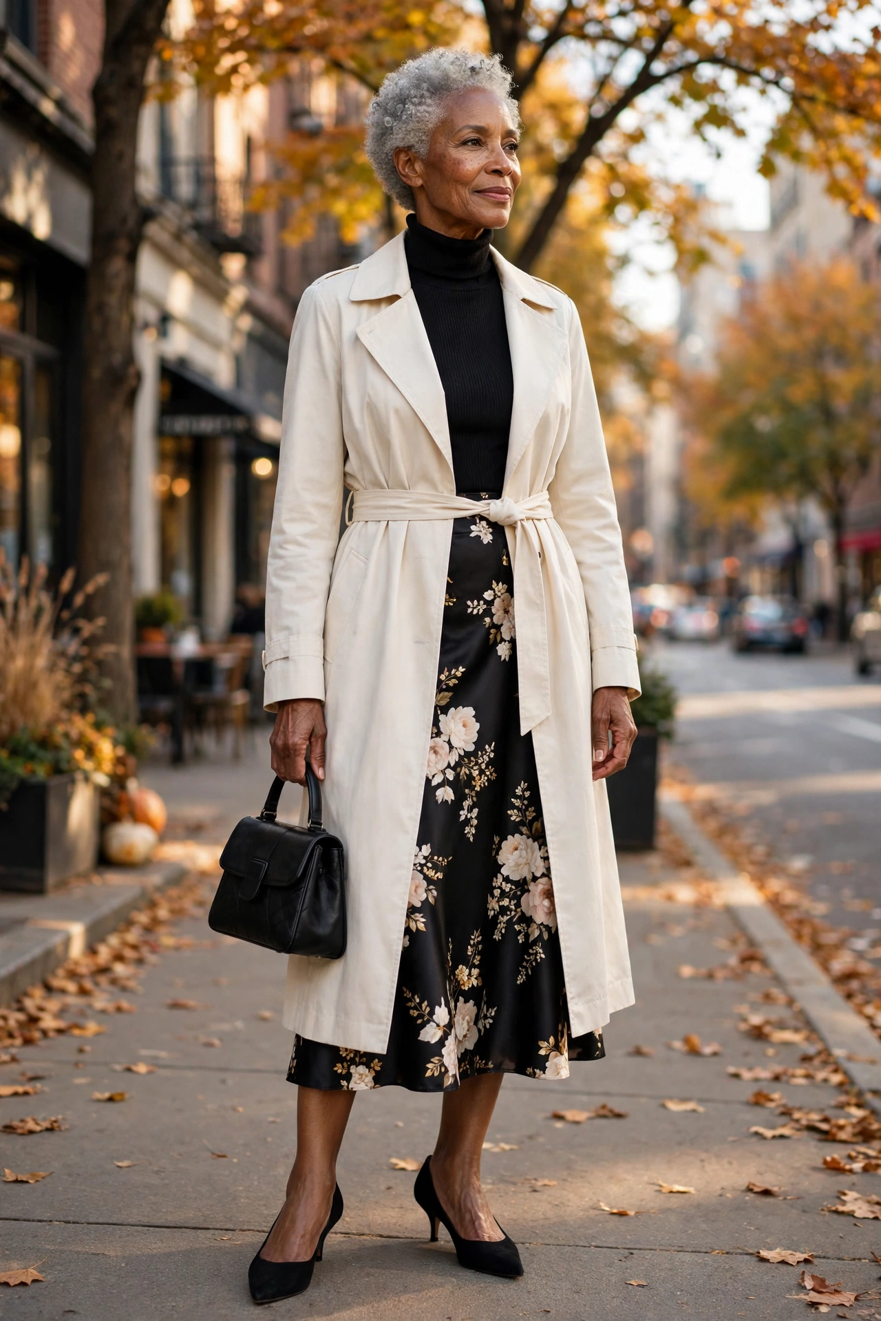 Chic occasion outfit — woman over 50 in ivory trench coat with black floral midi skirt and suede kitten heels.