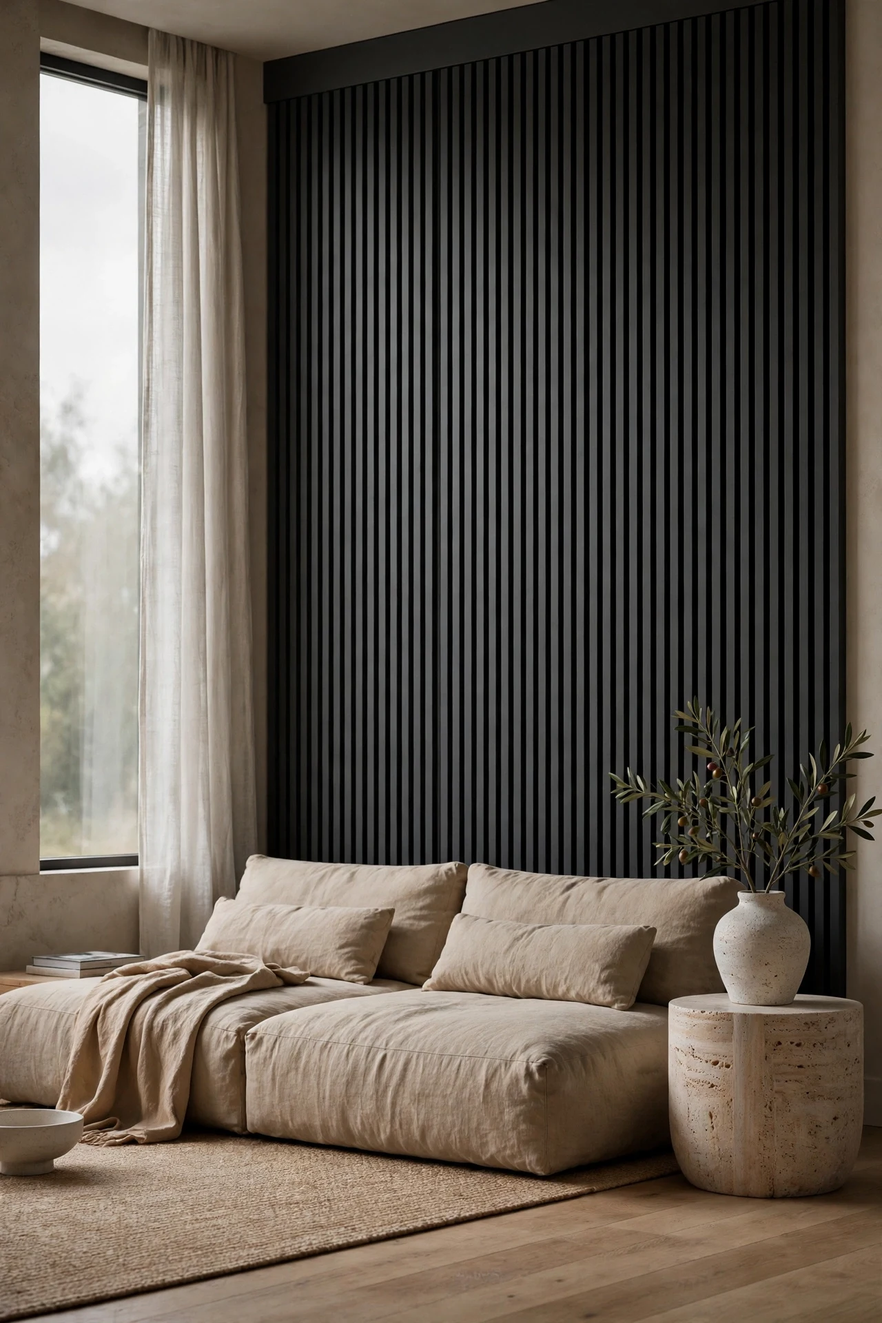 Charcoal slatted modern wainscoting in a minimalist living room with a linen sofa