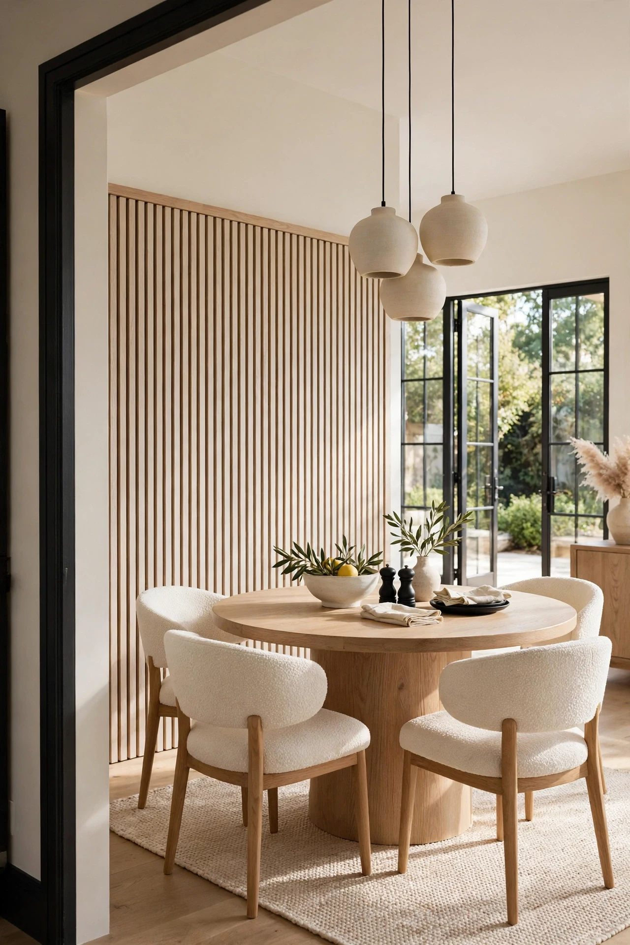 White oak vertical slat wainscoting in a bright modern dining room