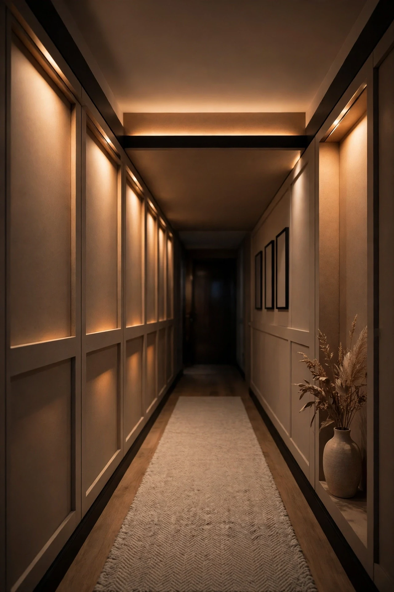 LED cove light washing over flat-panel modern wainscoting in a hallway