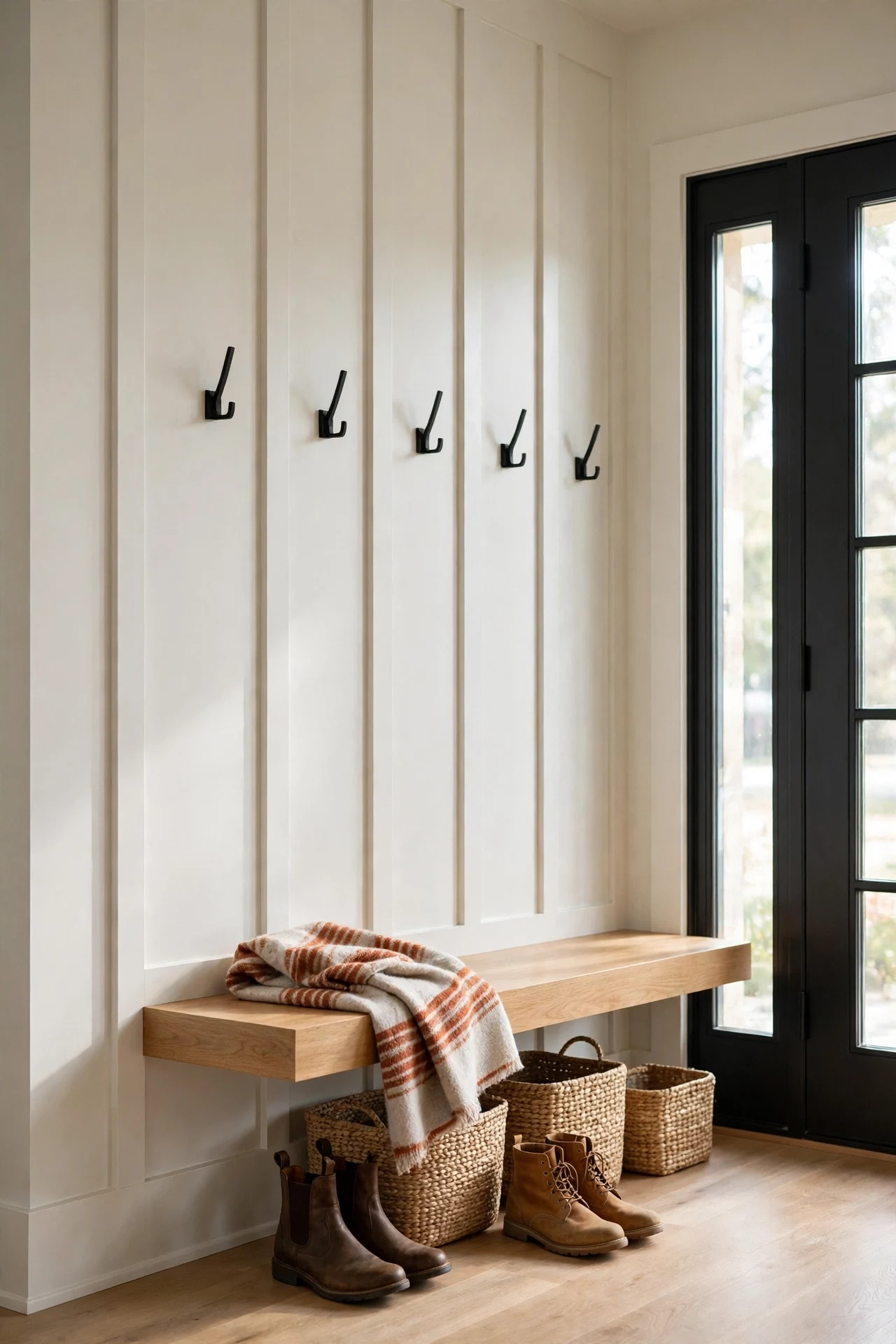 Low oak bench against wide board-and-batten modern wainscoting in an entryway