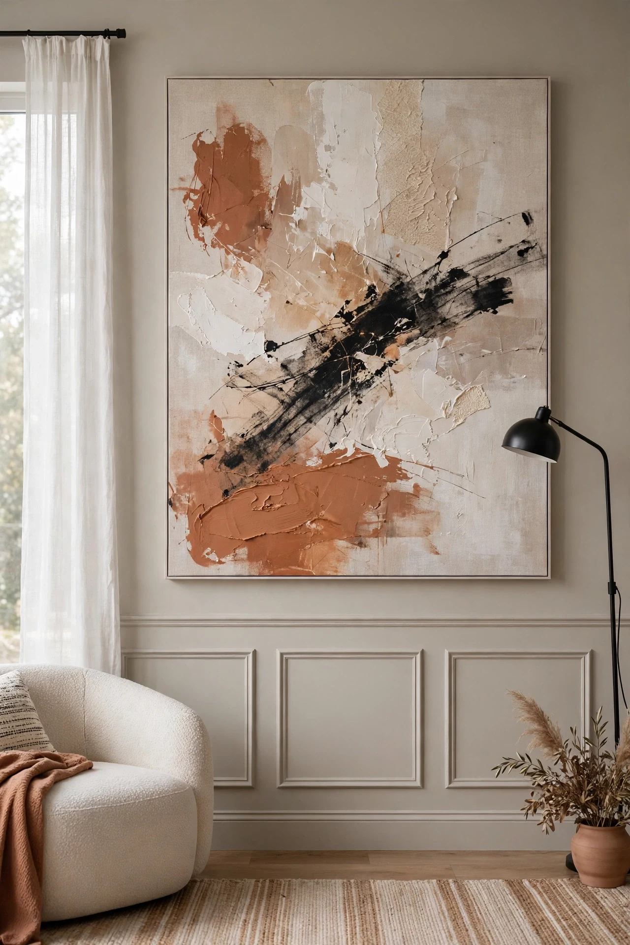 Oversized abstract art above slim picture-frame modern wainscoting in a living room