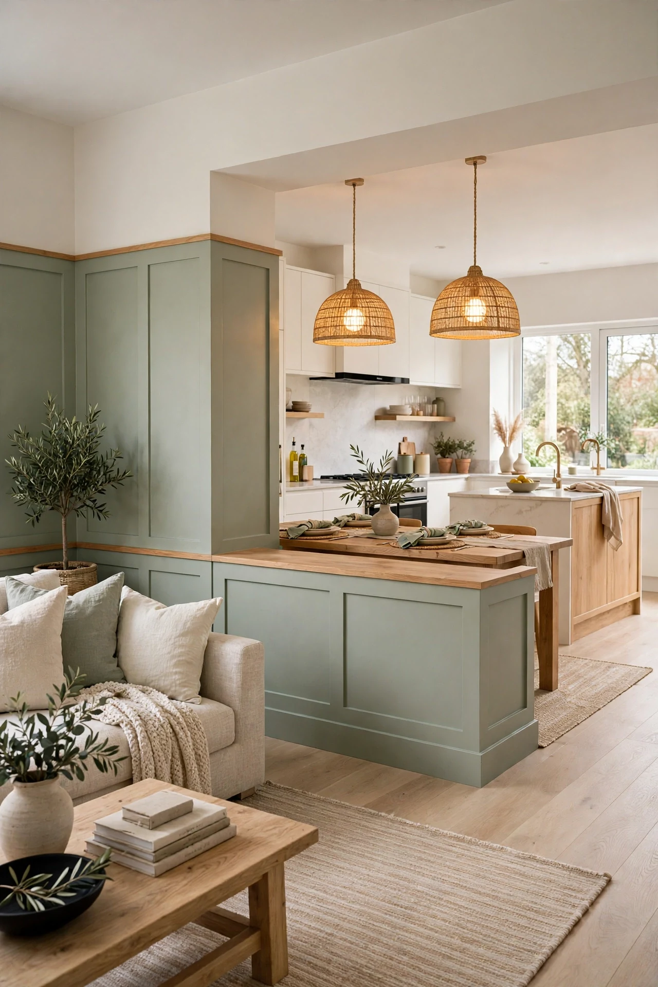 Modern wainscoting wrapping and zoning an open-plan kitchen dining area