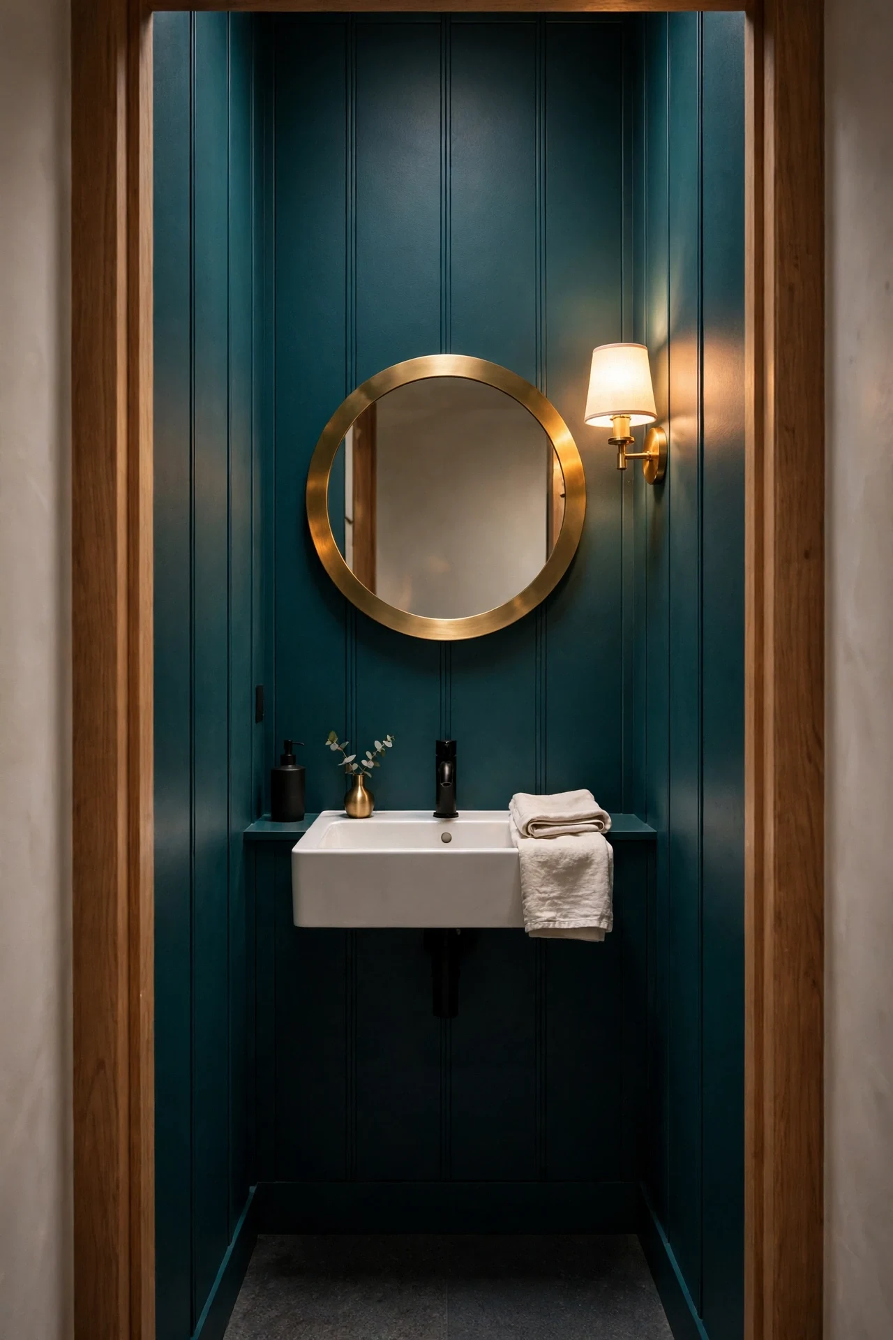 Full-height modern wainscoting panels in a tiny powder room with a wall-hung sink