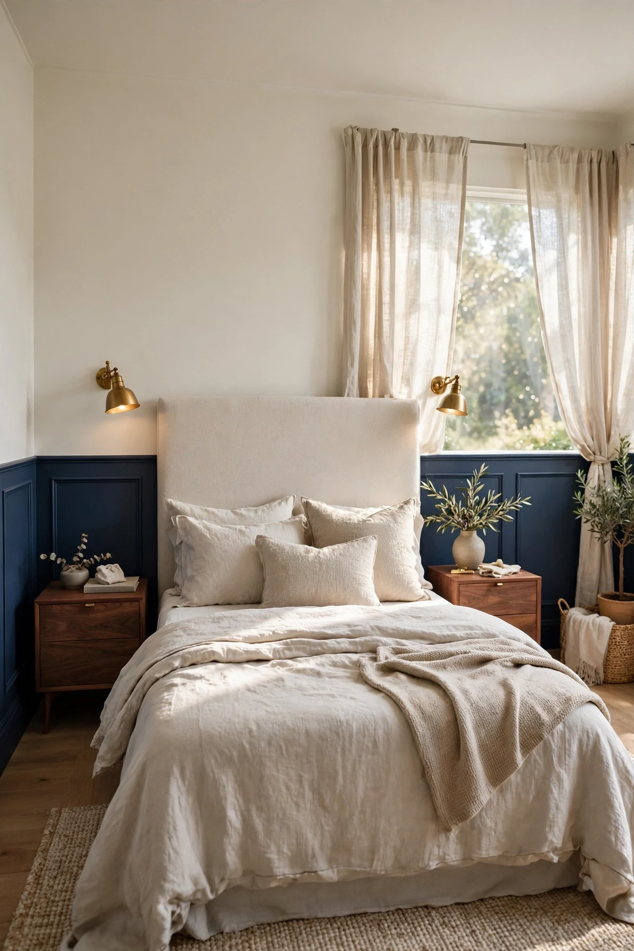 Two-tone navy and white modern wainscoting in a calm bedroom