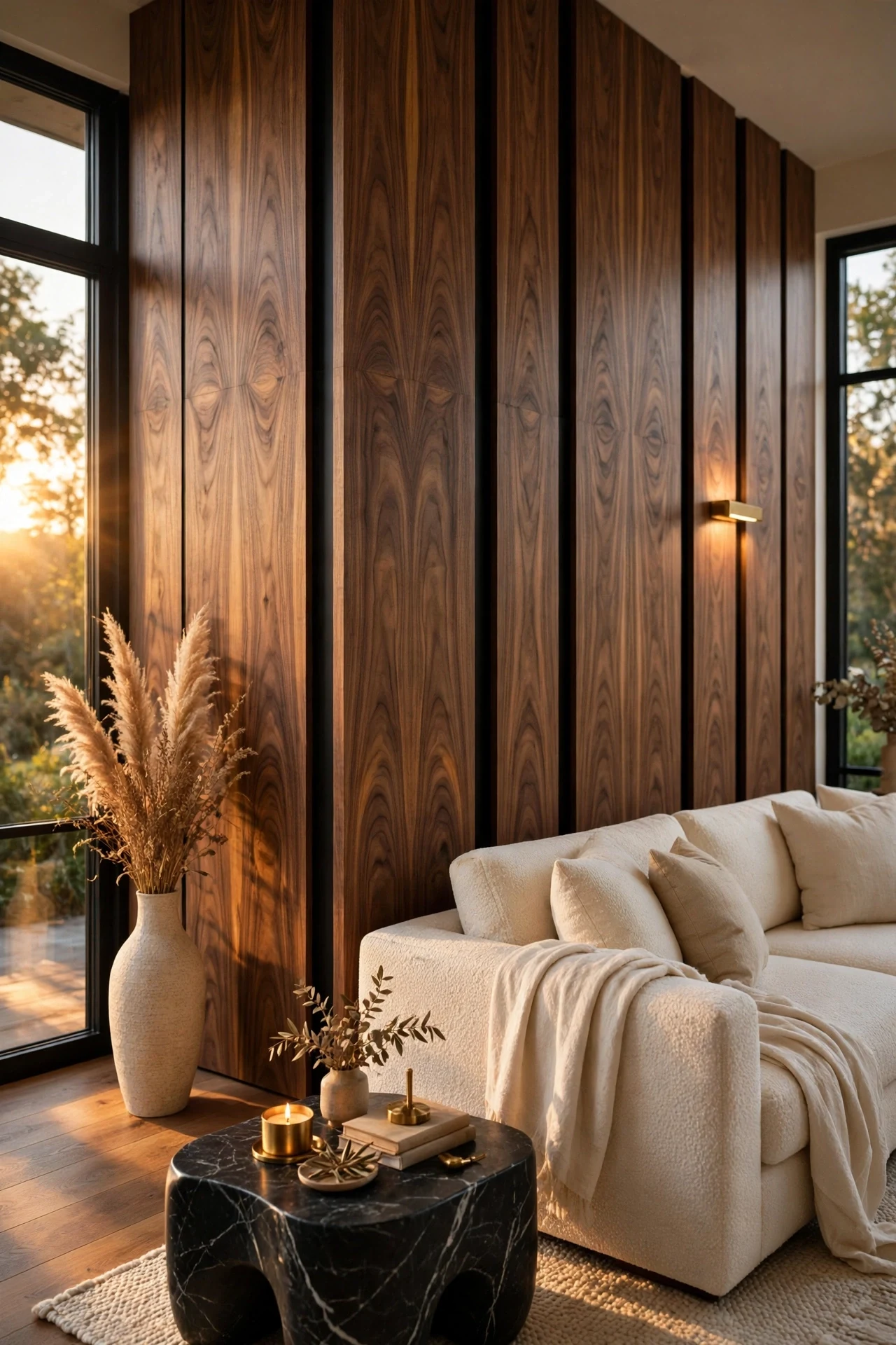 Walnut veneer panels with shadow gaps in a modern living room