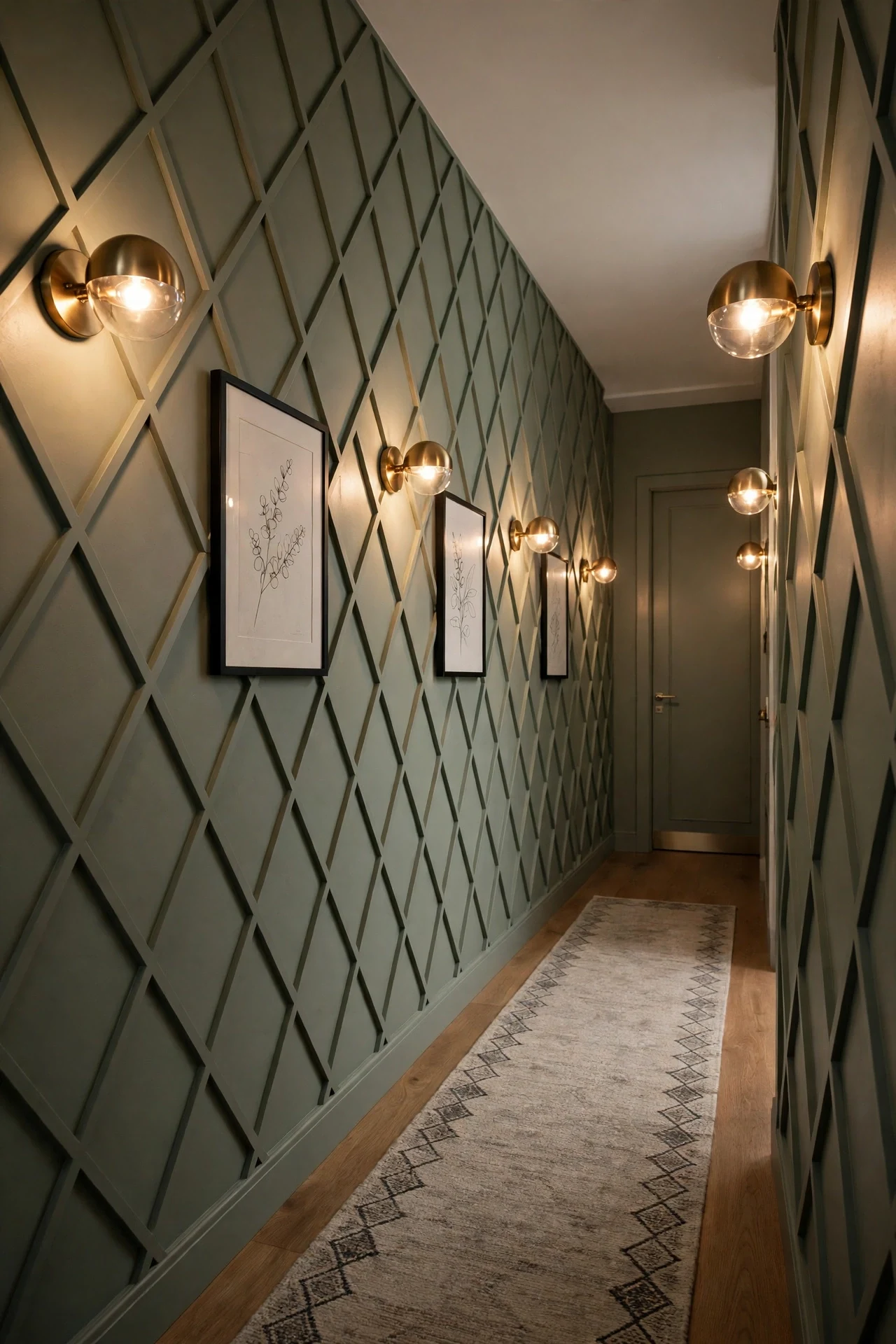 Brass sconces grazing geometric modern wall panels in a hallway
