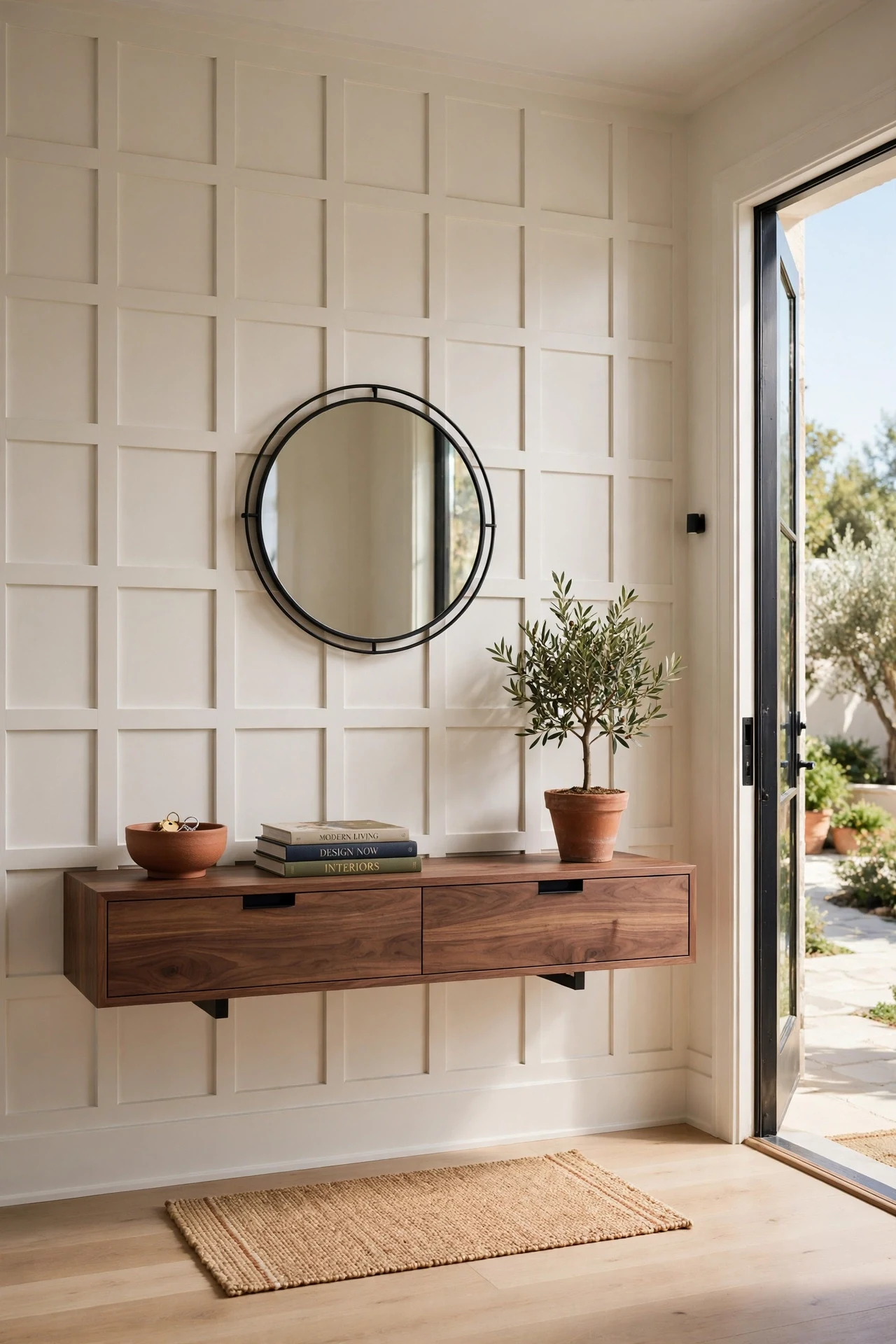 Floating walnut console against grid modern wainscoting in an entryway