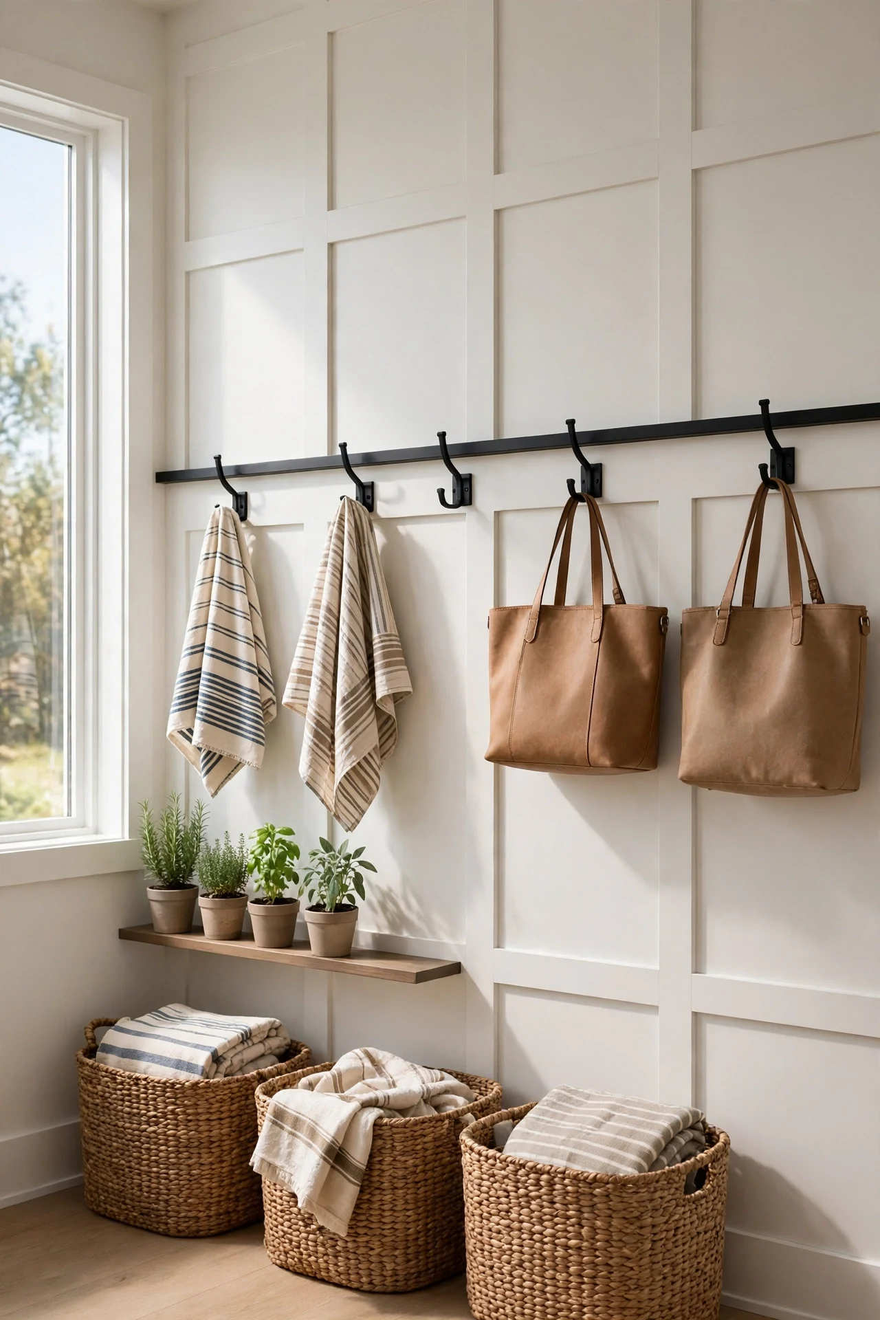 Matte black hooks and woven baskets on Shaker-style modern panels