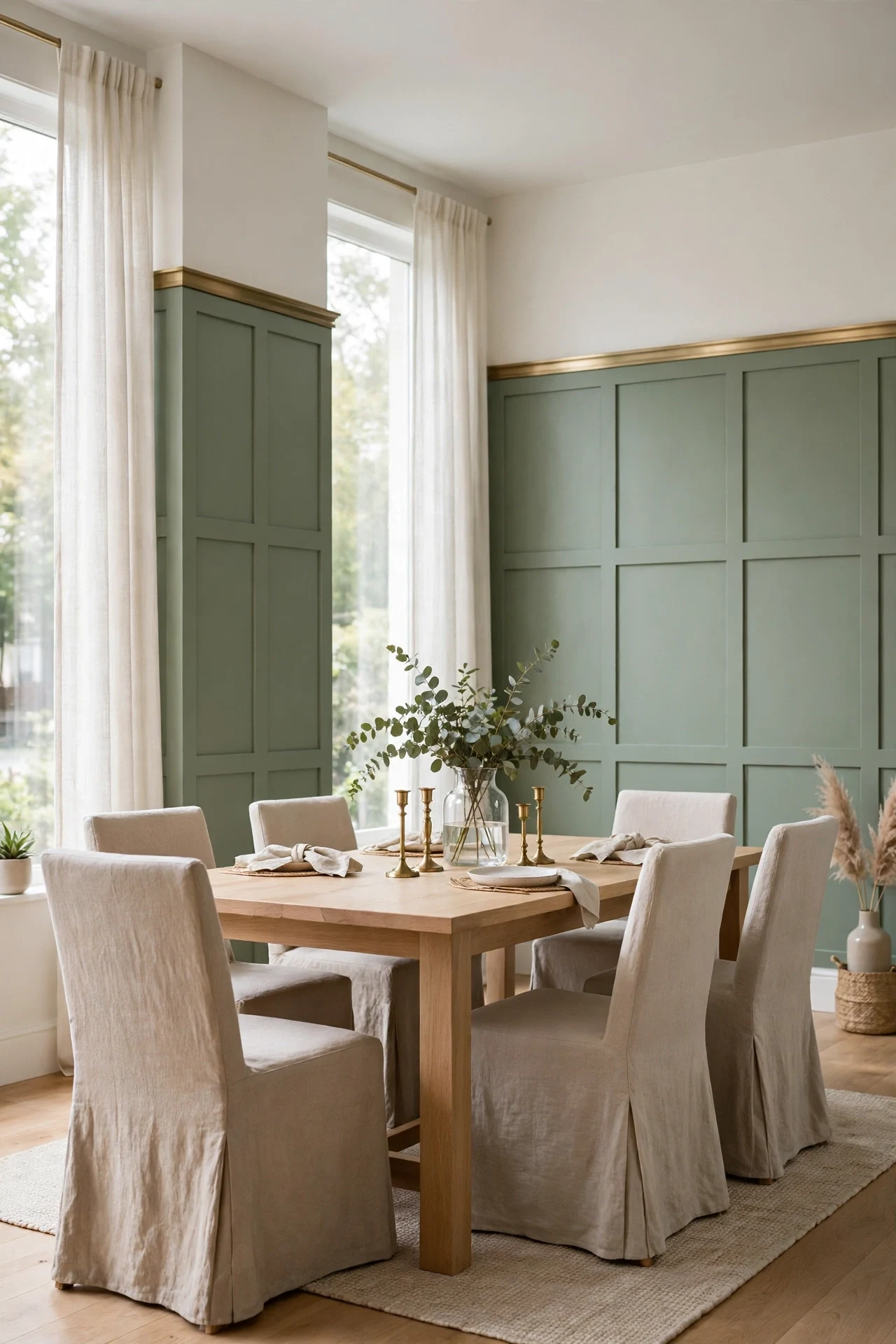 Sage green modern wainscoting with a brass rail in a dining room