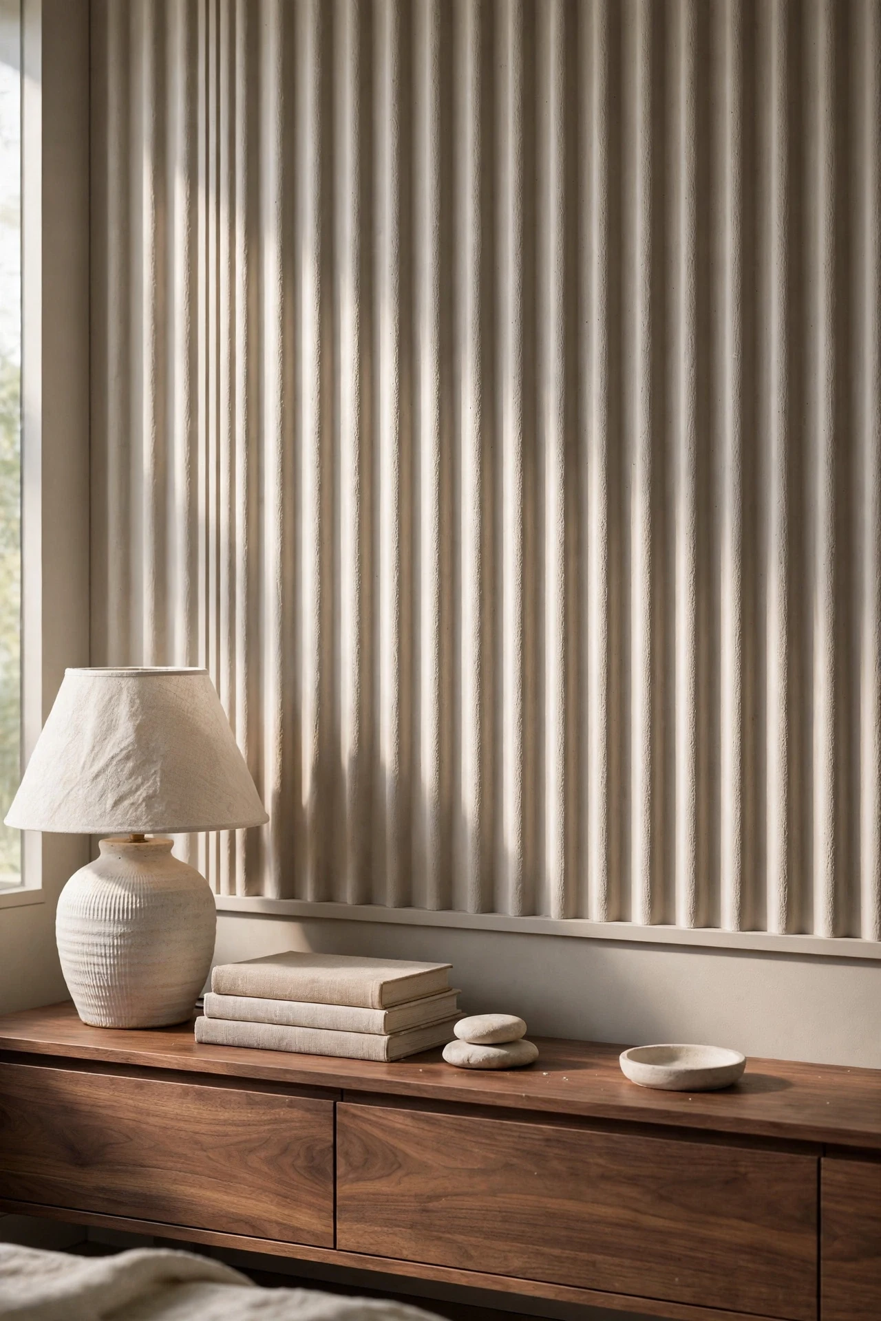 Matte painted fluted MDF modern wainscoting in a living room
