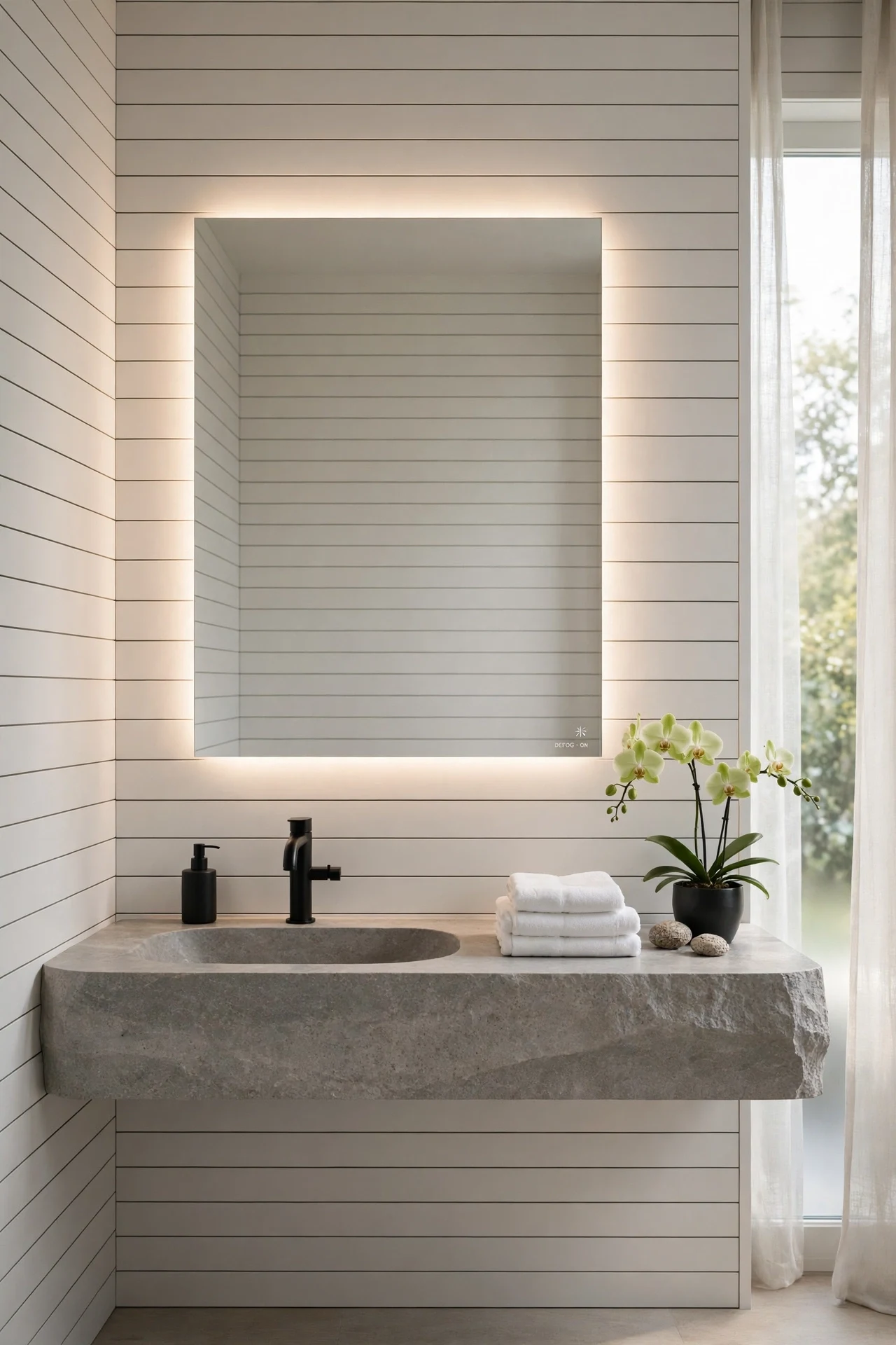 Backlit mirror over linear modern wainscoting in a bathroom