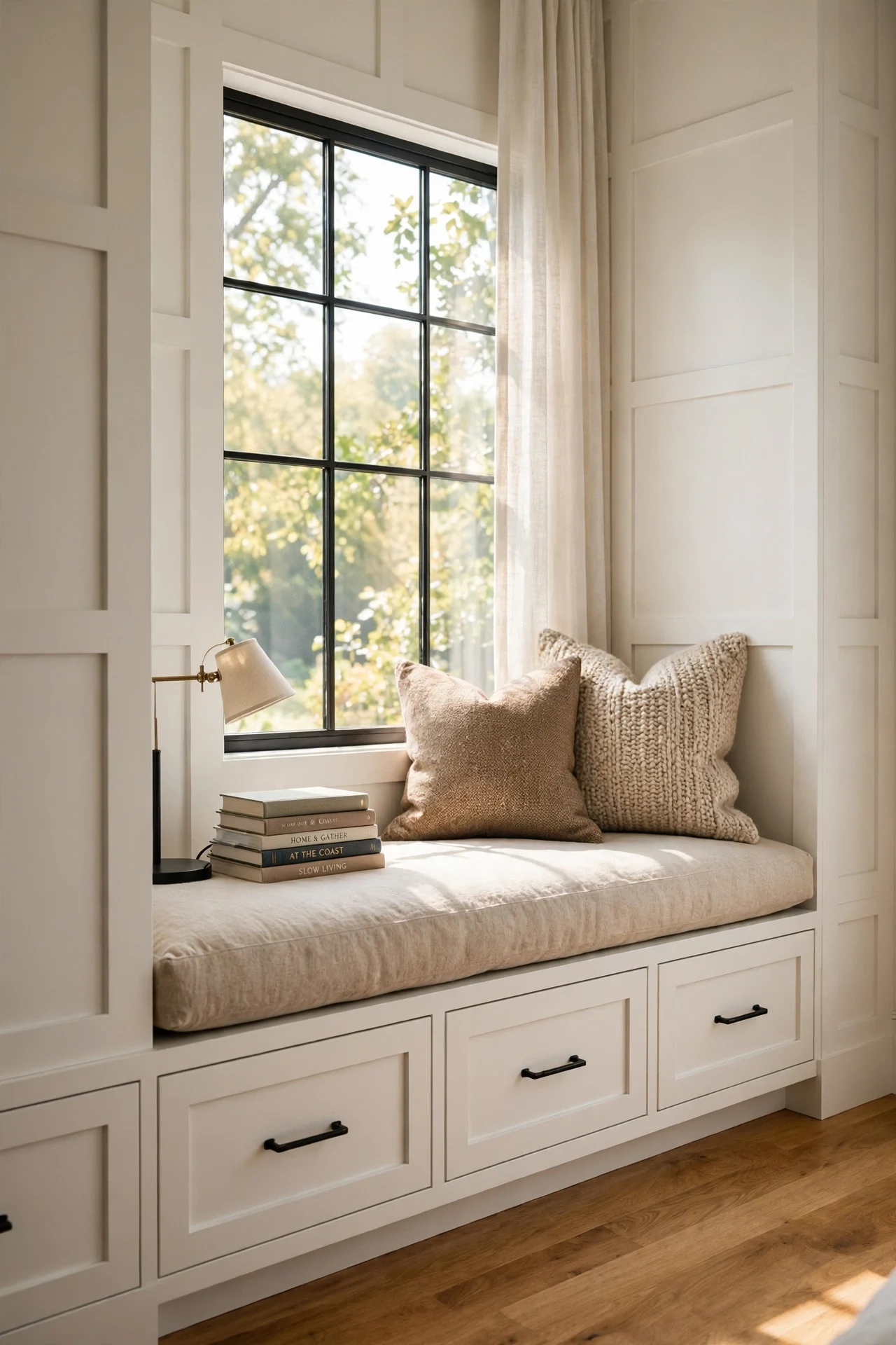 Built-in window seat framed by flat modern panels in a bedroom nook