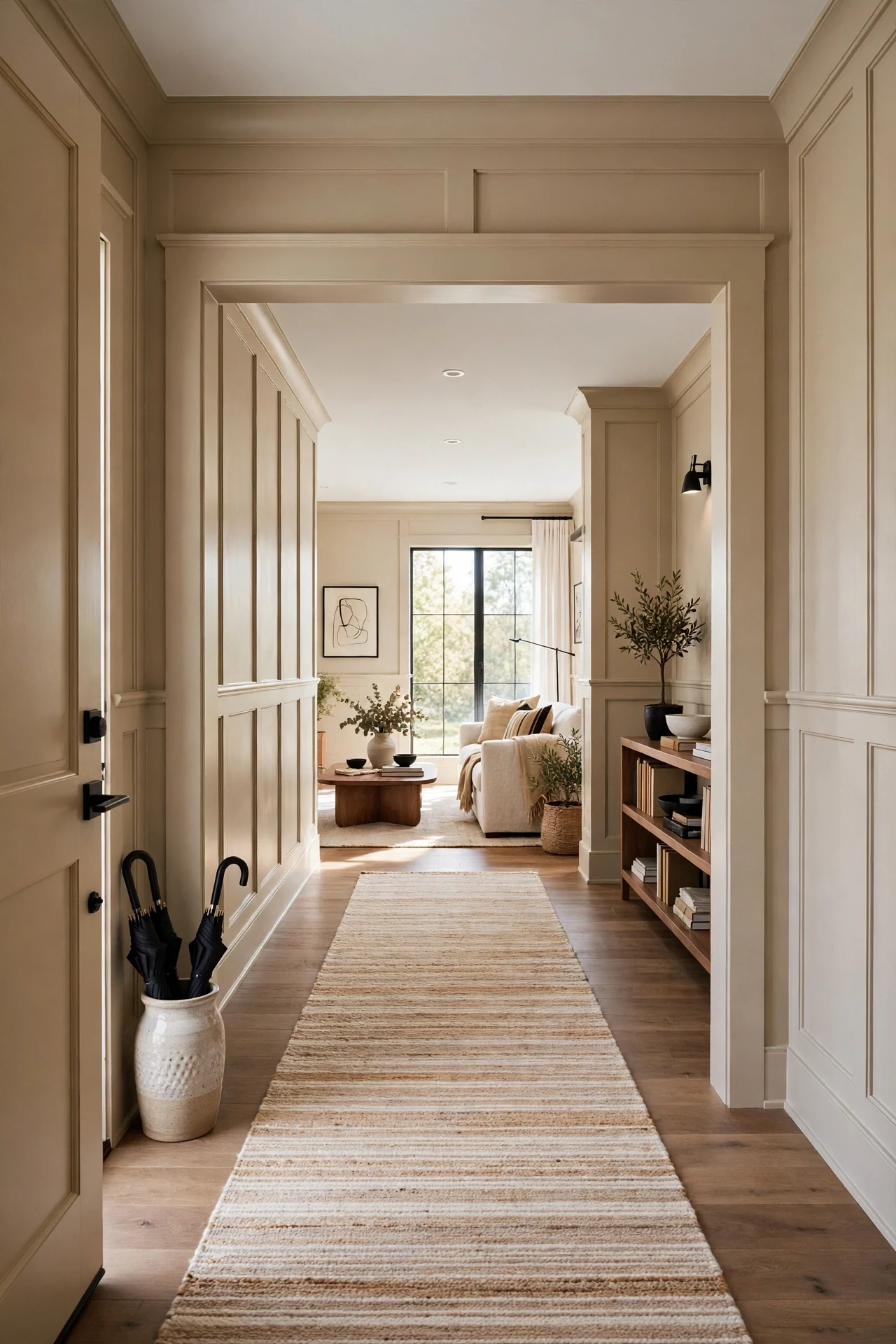 Continuous modern wainscoting linking an entryway to a living room