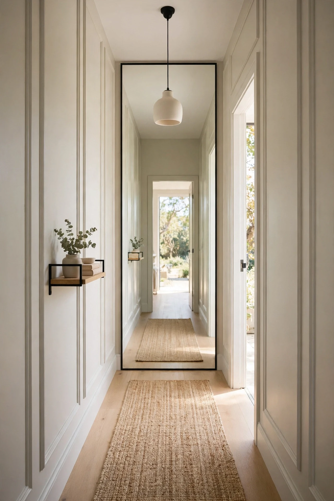 Narrow hallway with tall slim modern panels that add height