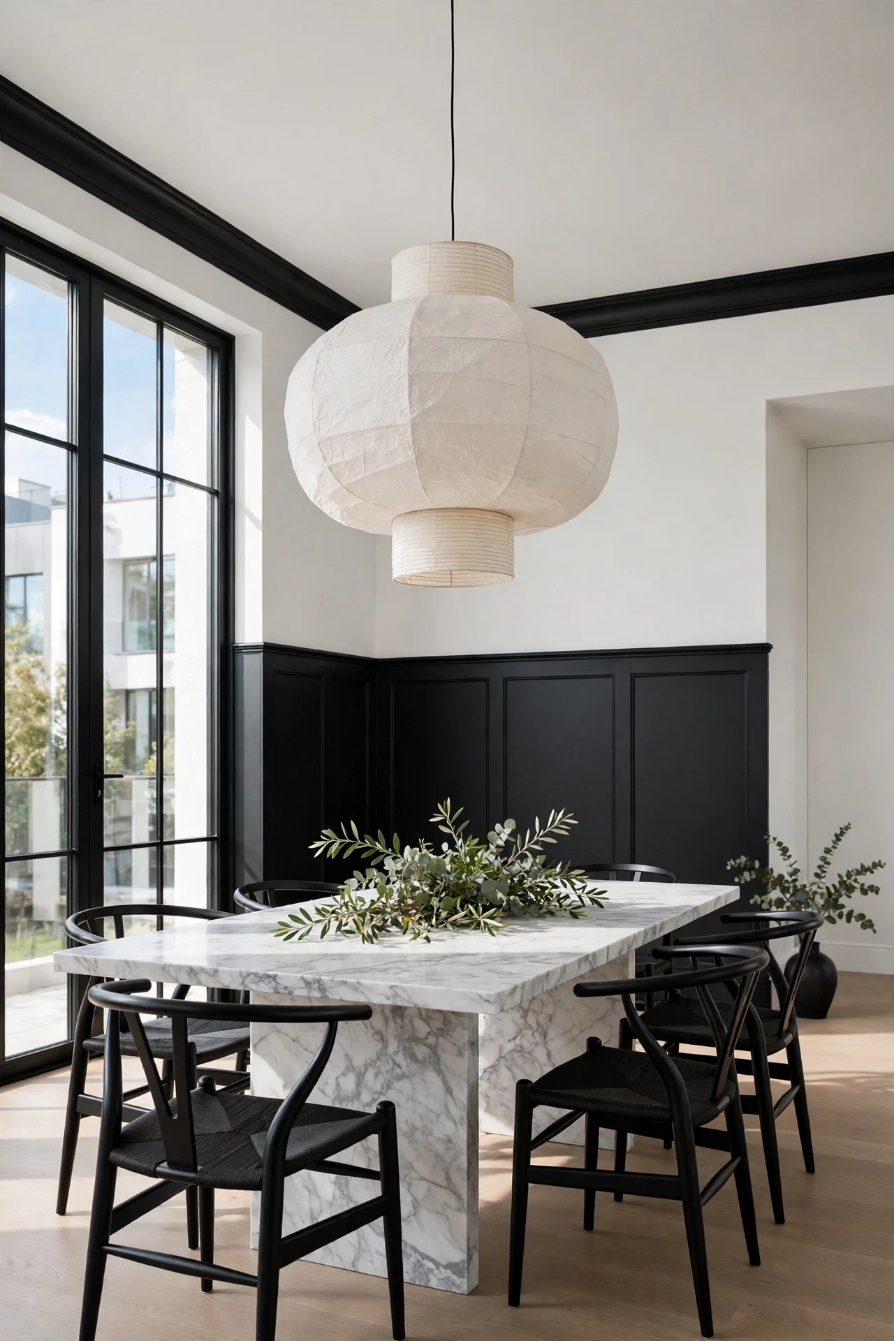 Black and white contrast modern wainscoting in a dining room