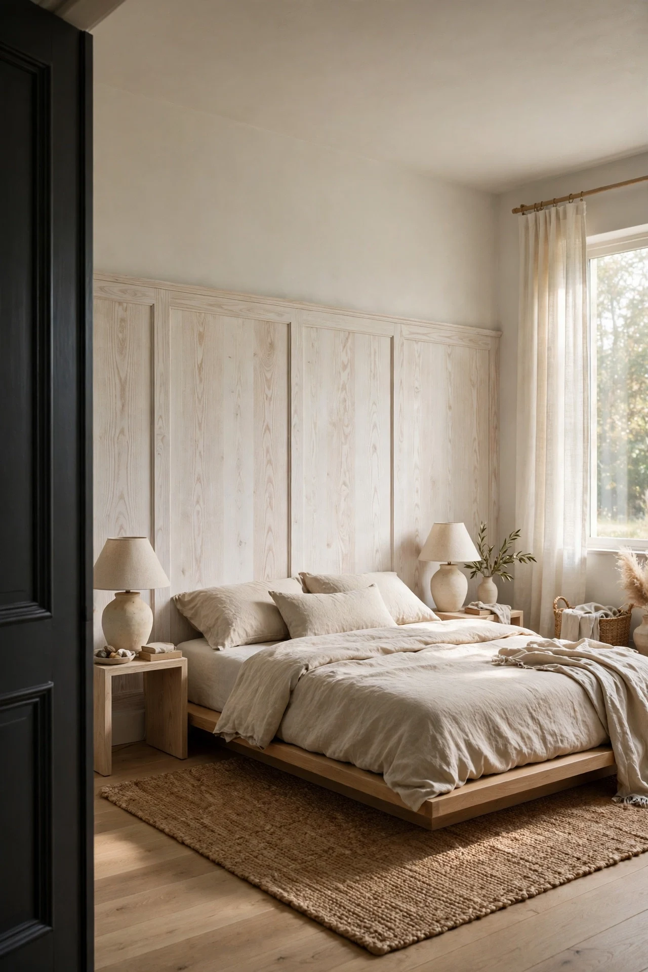 Limewashed oak modern panels in a calm primary bedroom