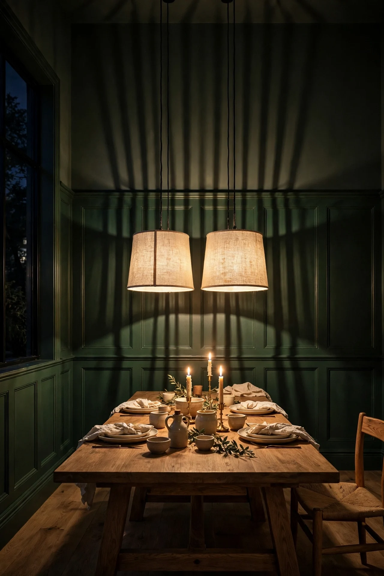 Pendant lights casting shadow lines over modern dining room wainscoting