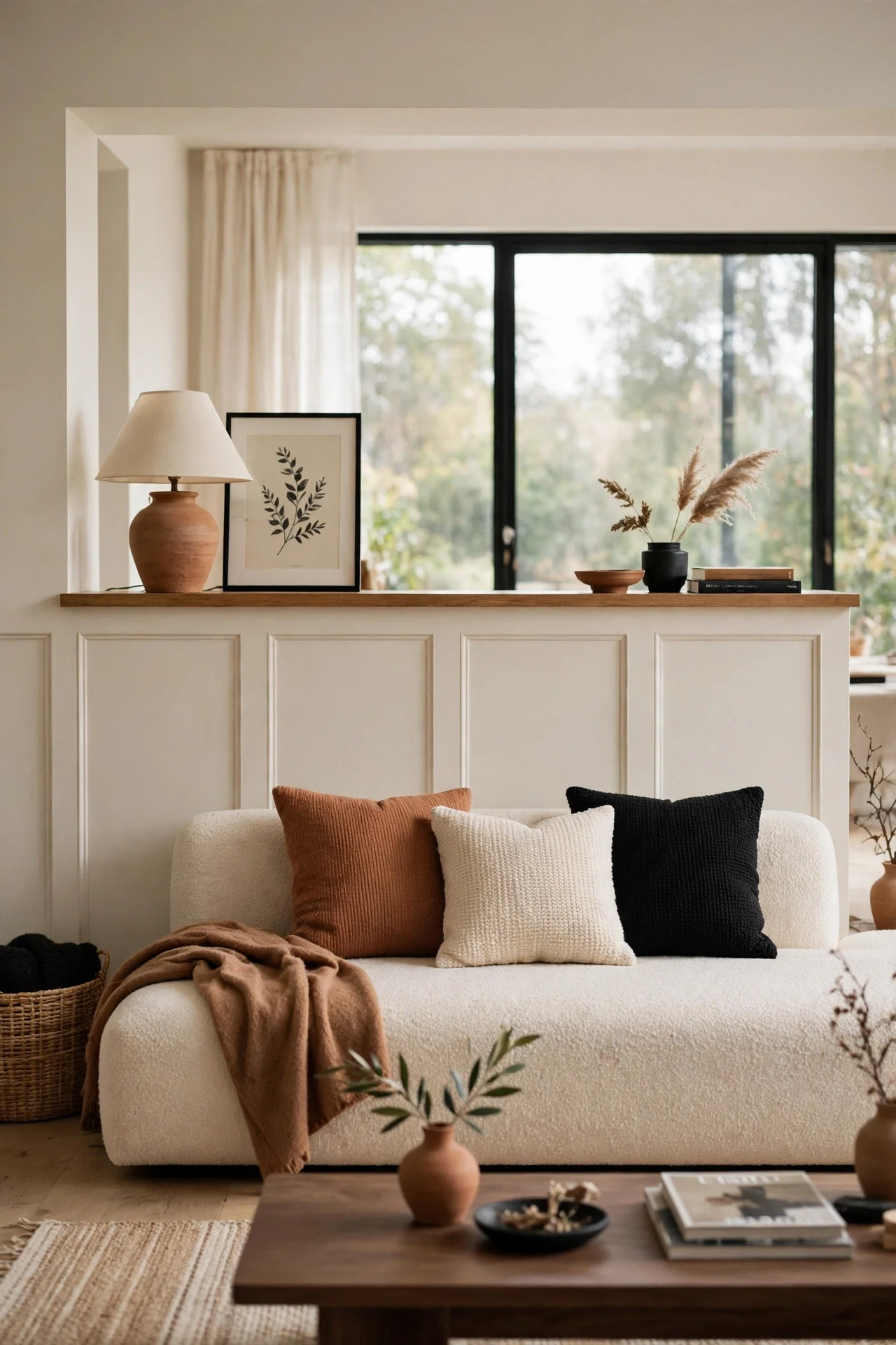 Low-profile sofa backed by half-wall modern paneling in a living room