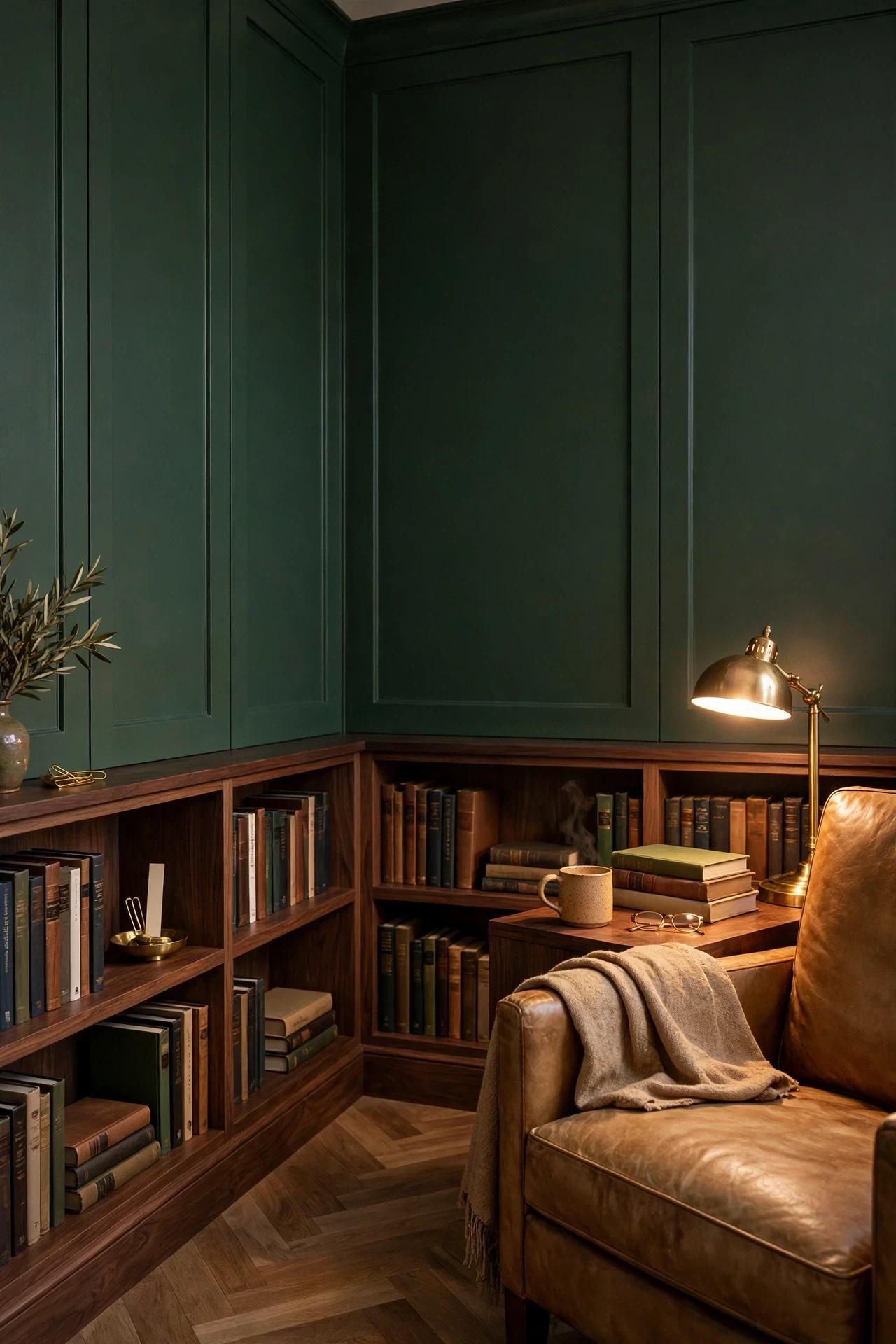 Deep forest green modern panels in a home library with bookshelves