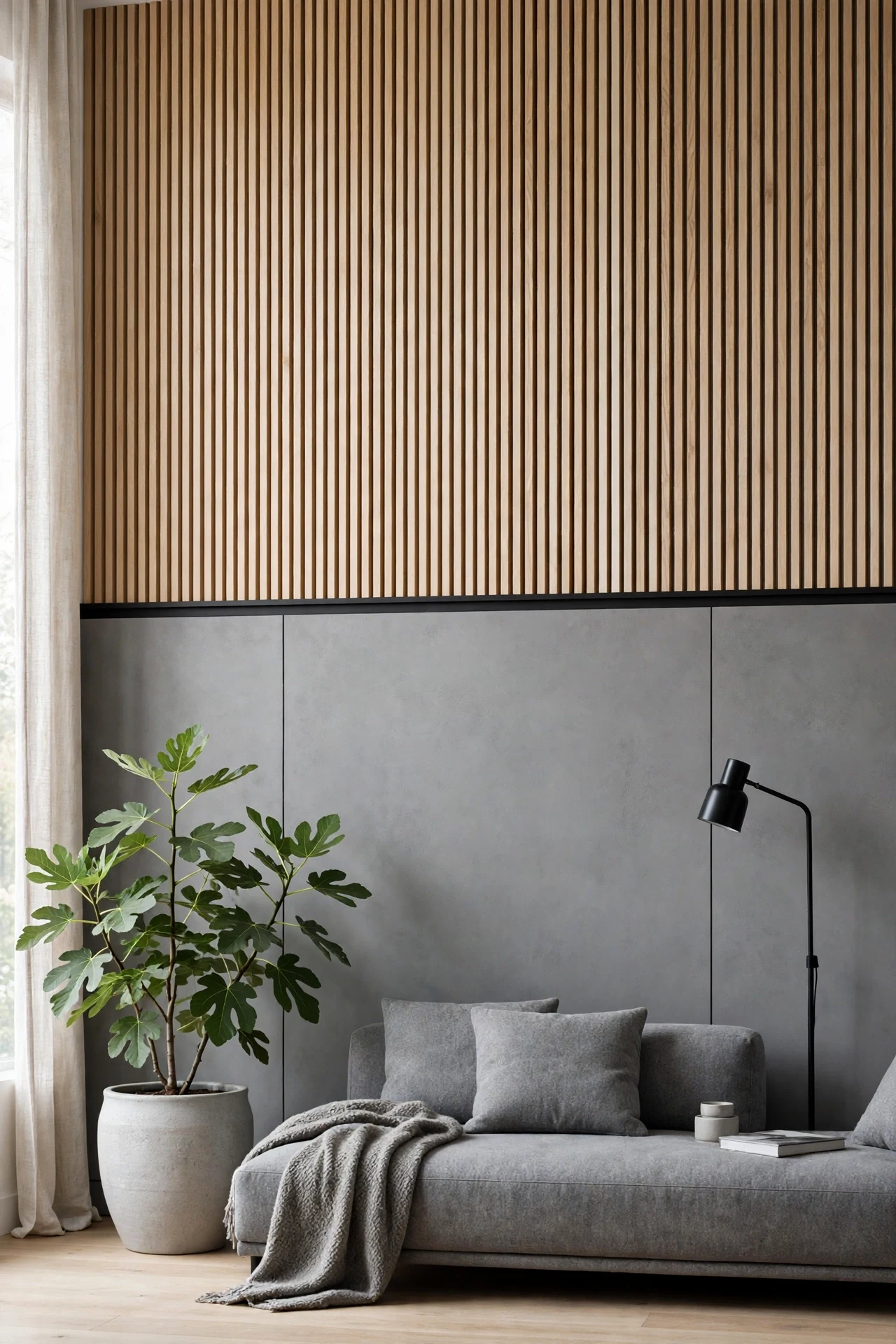 Micro-cement and timber slat combination modern wainscoting